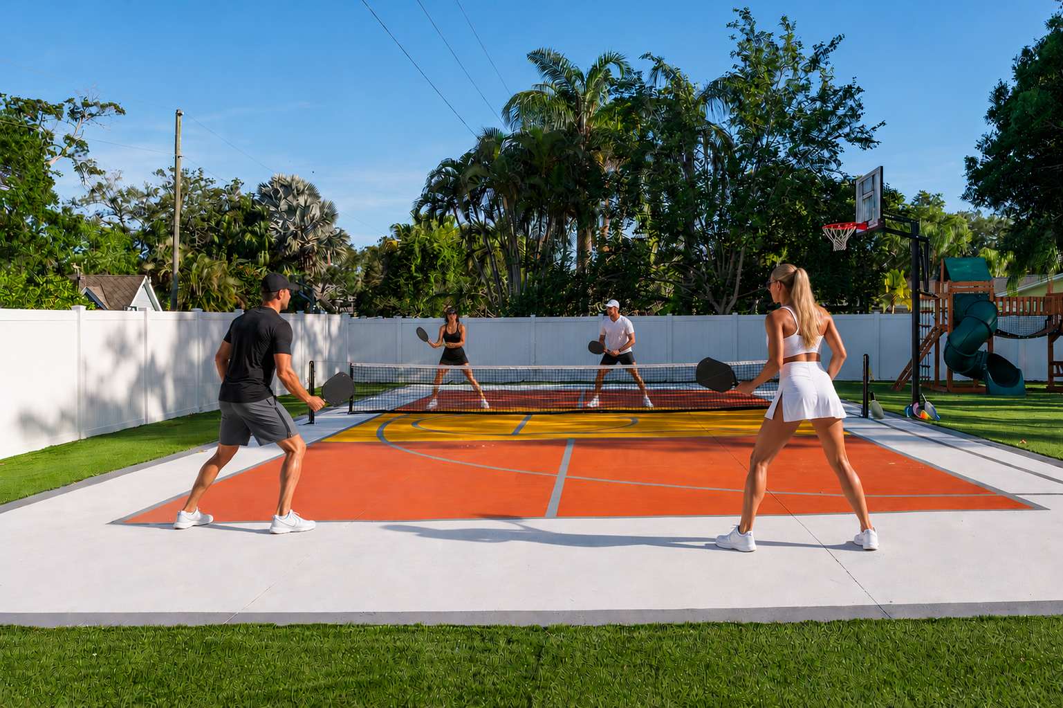 Outdoor court designed for pickleball and basketball games in a lush backyard setting