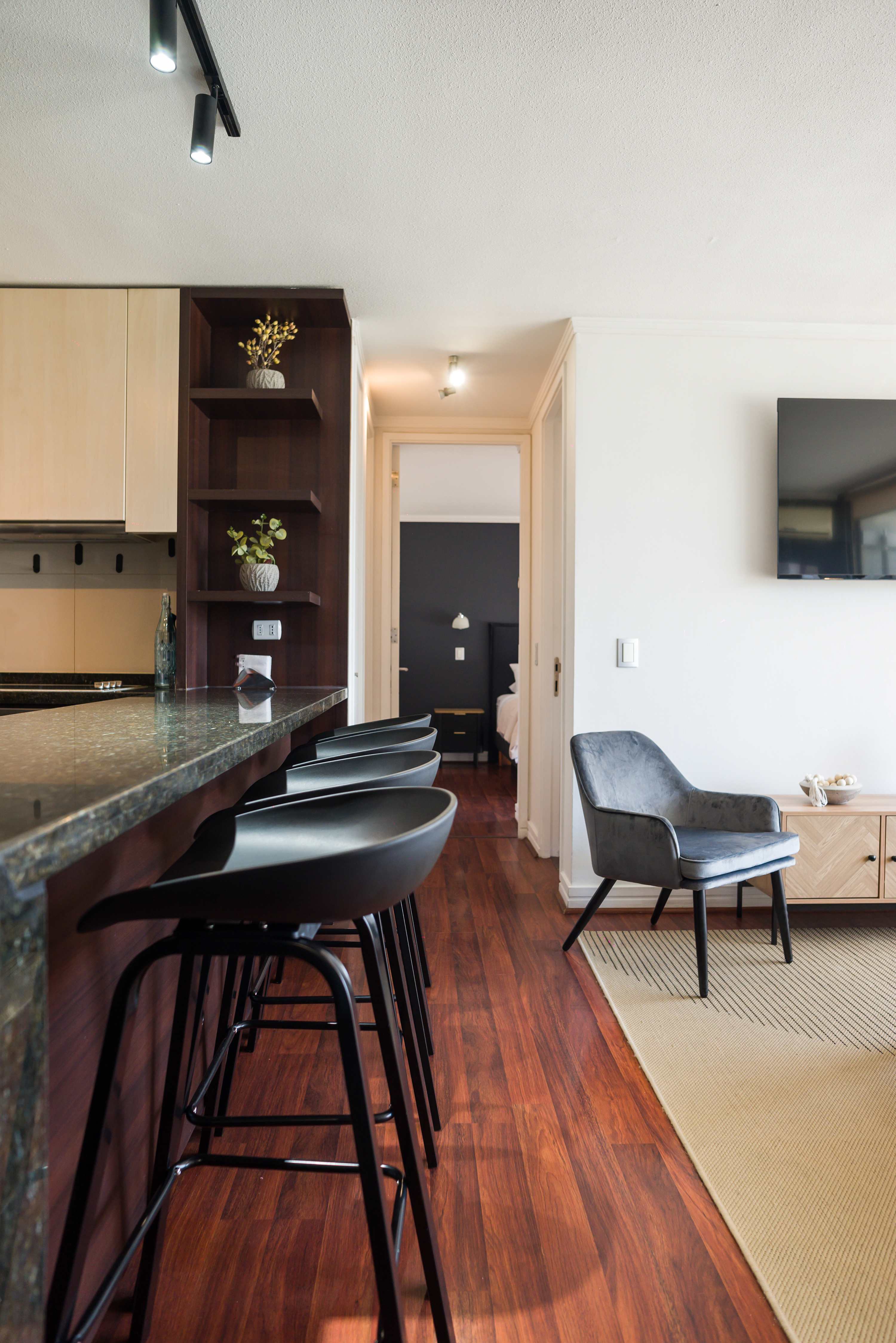 Modern living area with sleek bar seating and cozy decor, perfect for relaxing or entertaining.