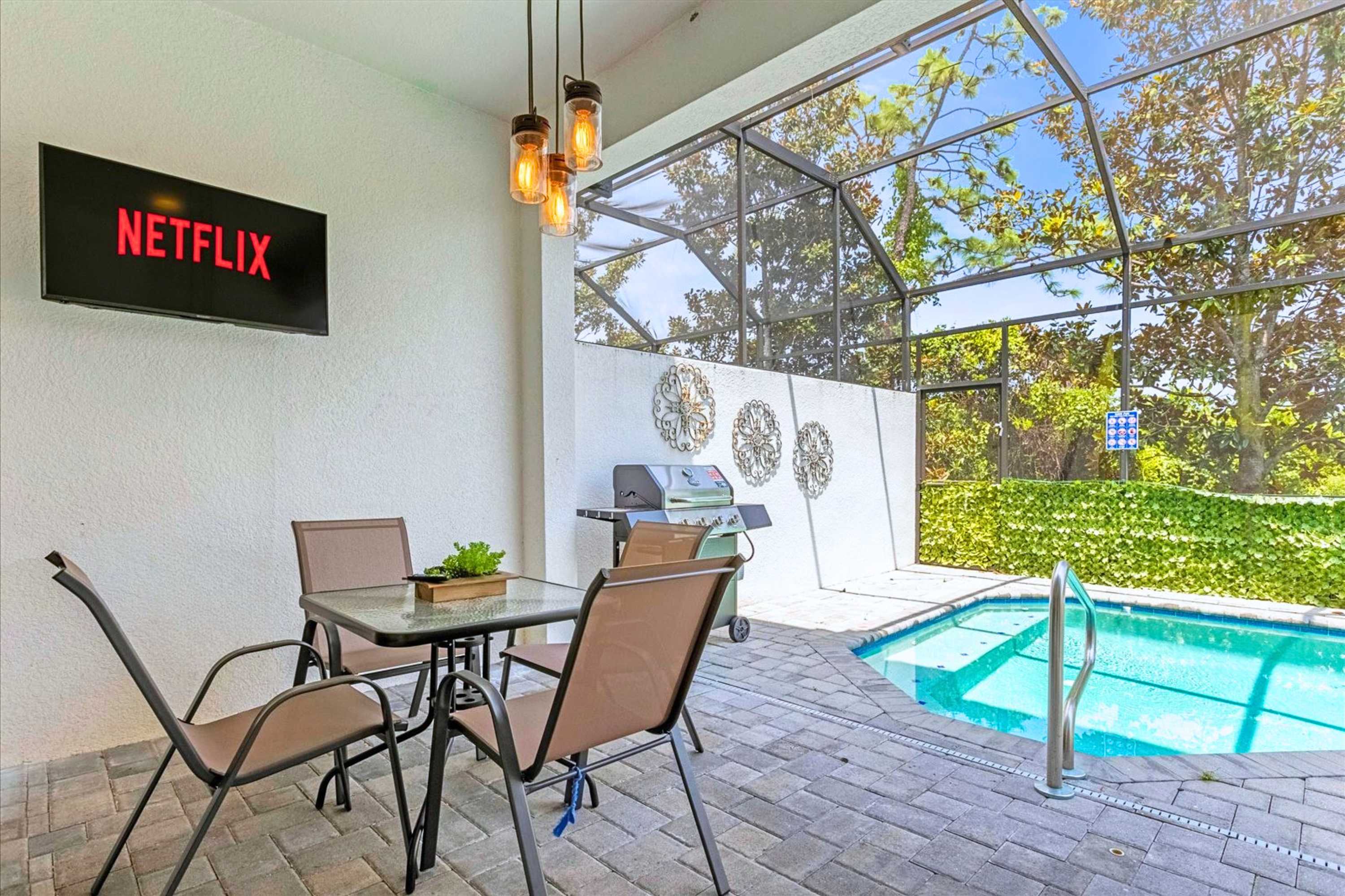 Swim, unwind on the loungers, or stream a movie outdoors from the comfort of the poolside seating area