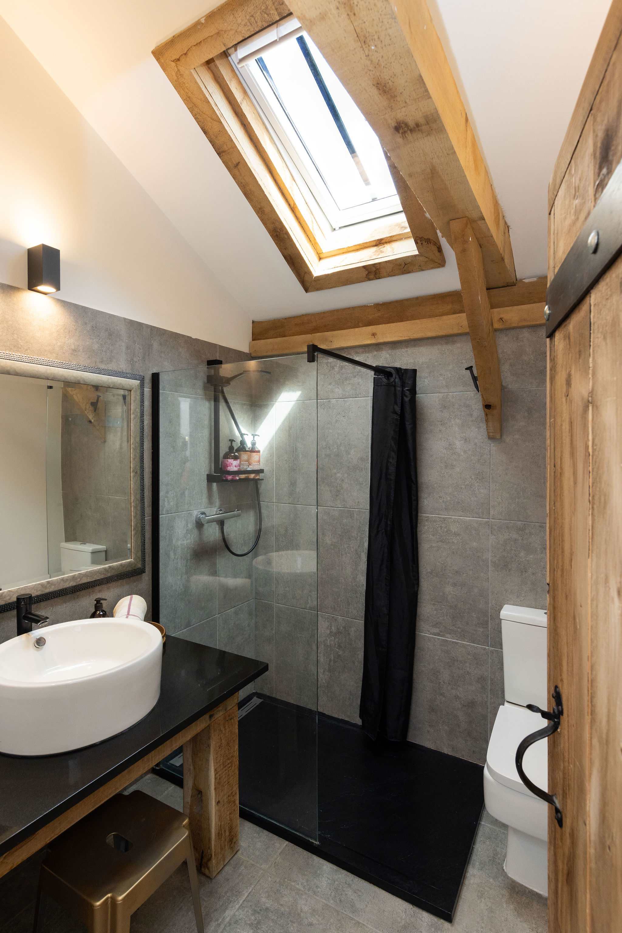 Refresh yourself in this stunning modern bathroom featuring a walk-in shower and bright skylight.