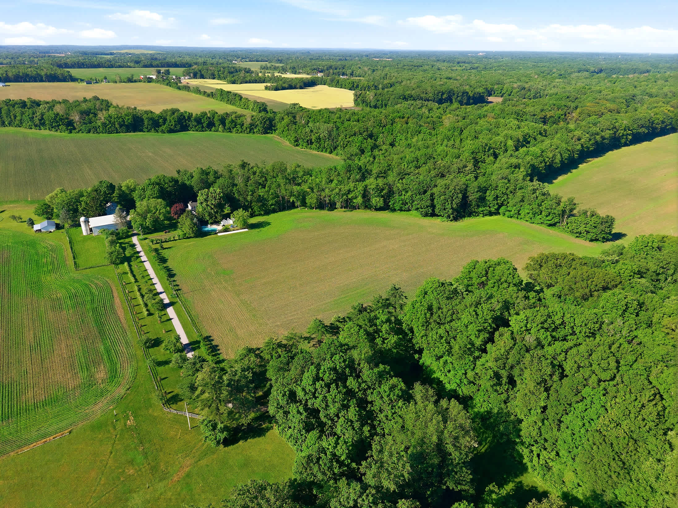 Acres of rolling green with the house tucked among the trees.