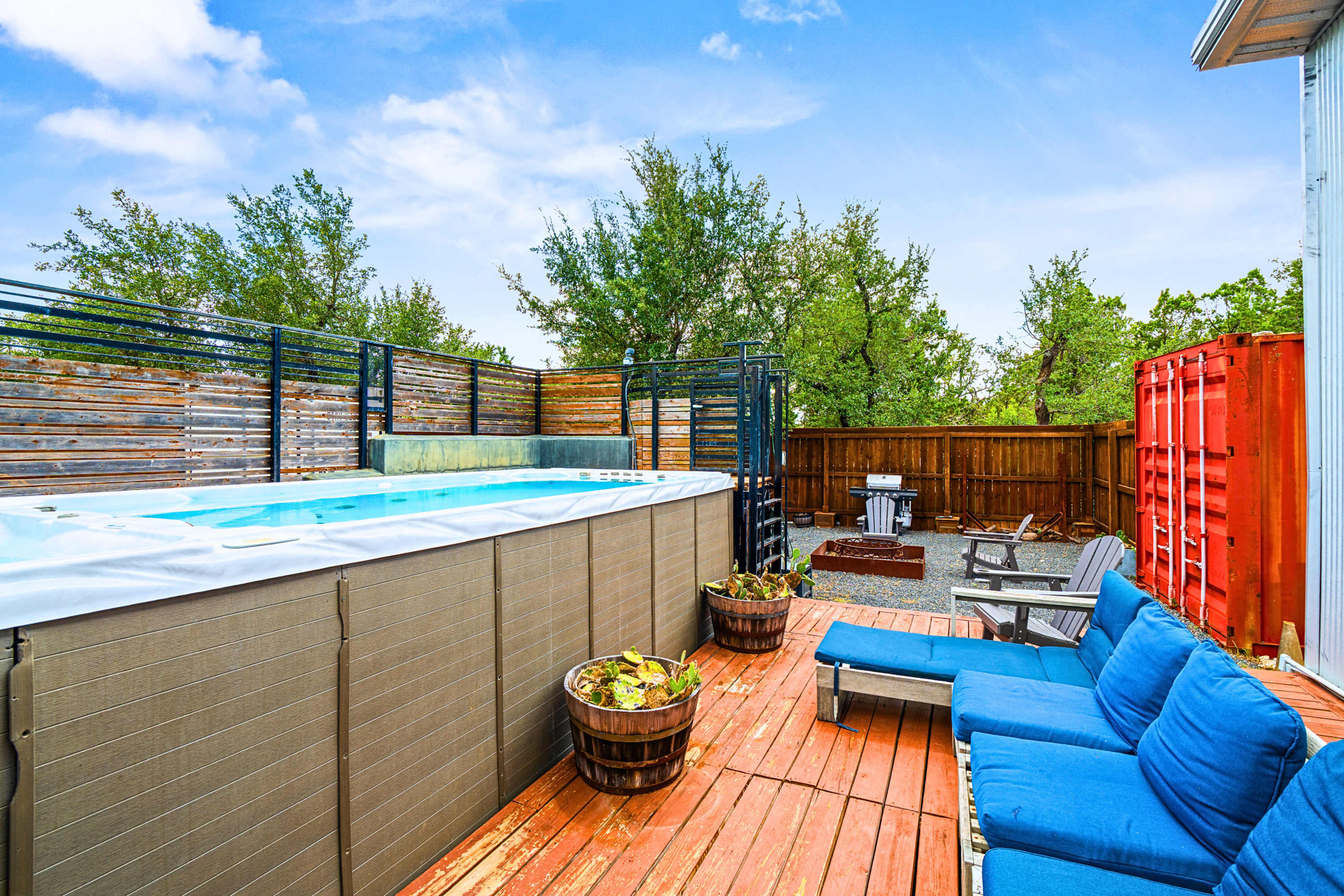 Pool house: Dive into paradise! Your private container pool and lounge deck await.
