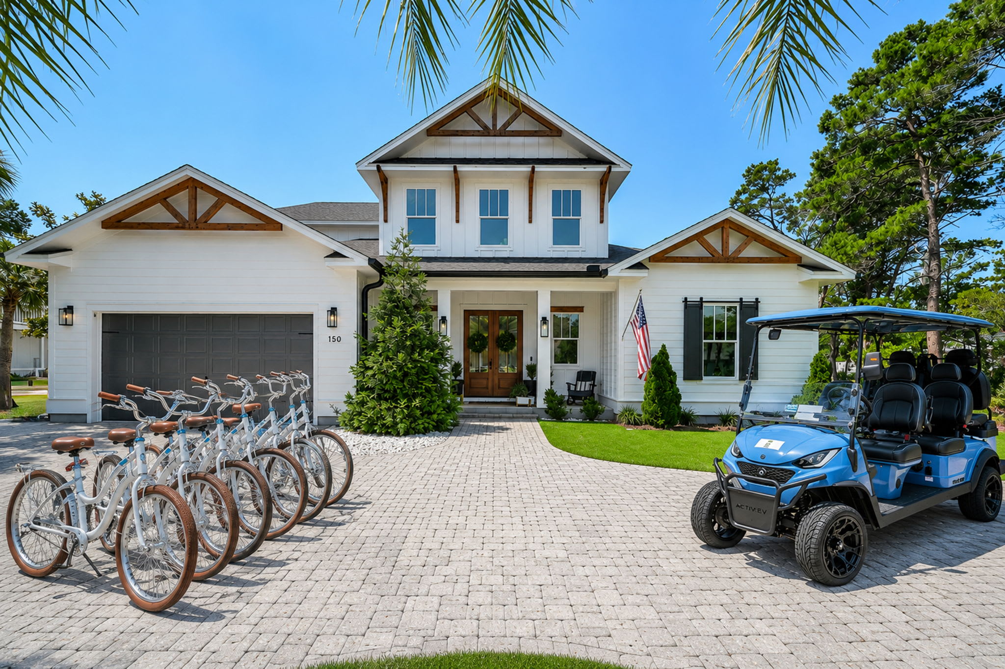 Home features a 6-seater golf cart and bikes.