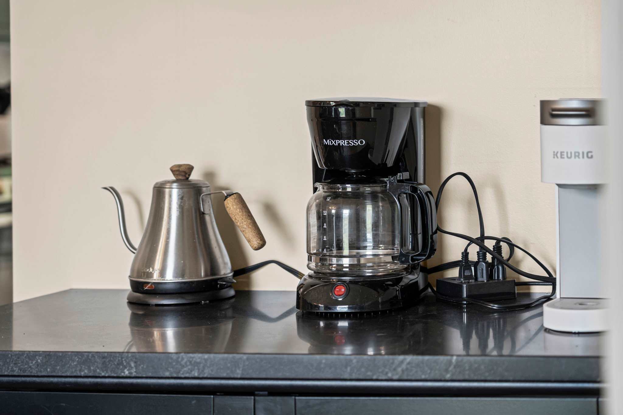 Drip coffee maker (coffee grounds provided)
Keurig coffee maker (bring your favorite pods)
