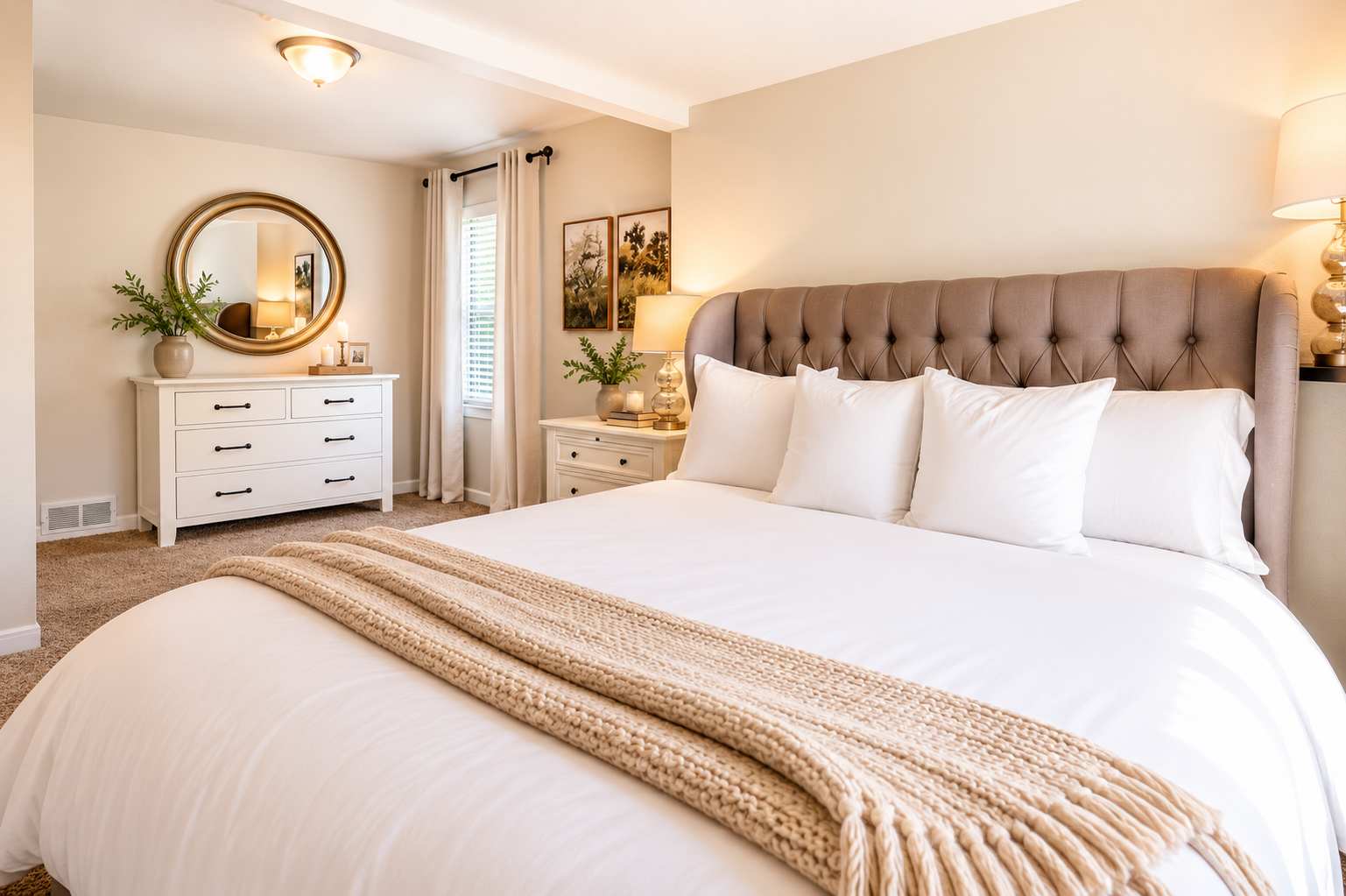 King bedroom at The Maple with a tufted headboard and hotel-quality linens — Sheridan, Wyoming