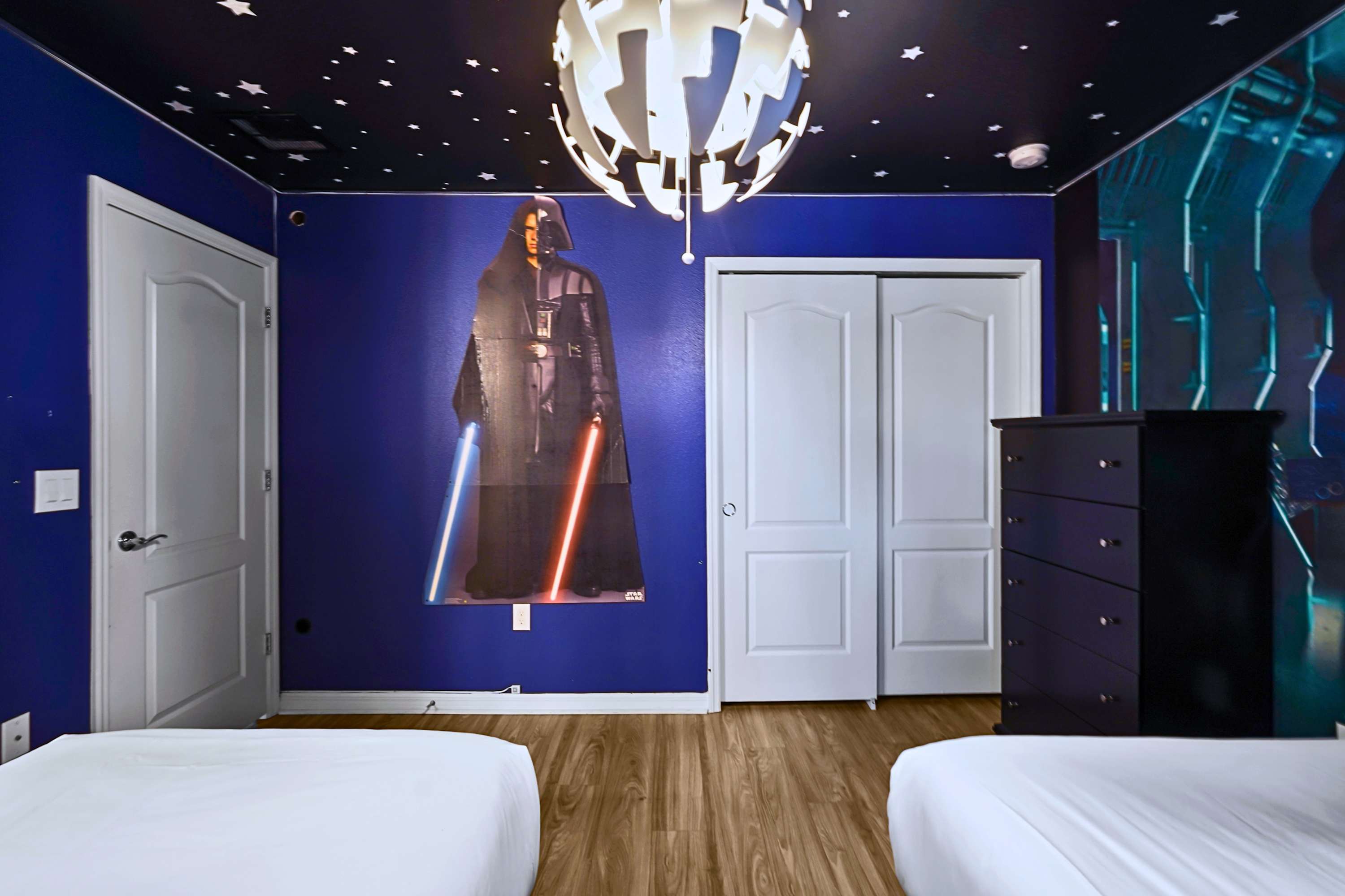 High-vibe sci-fi styling pairs seamlessly with crisp linens and generous storage.