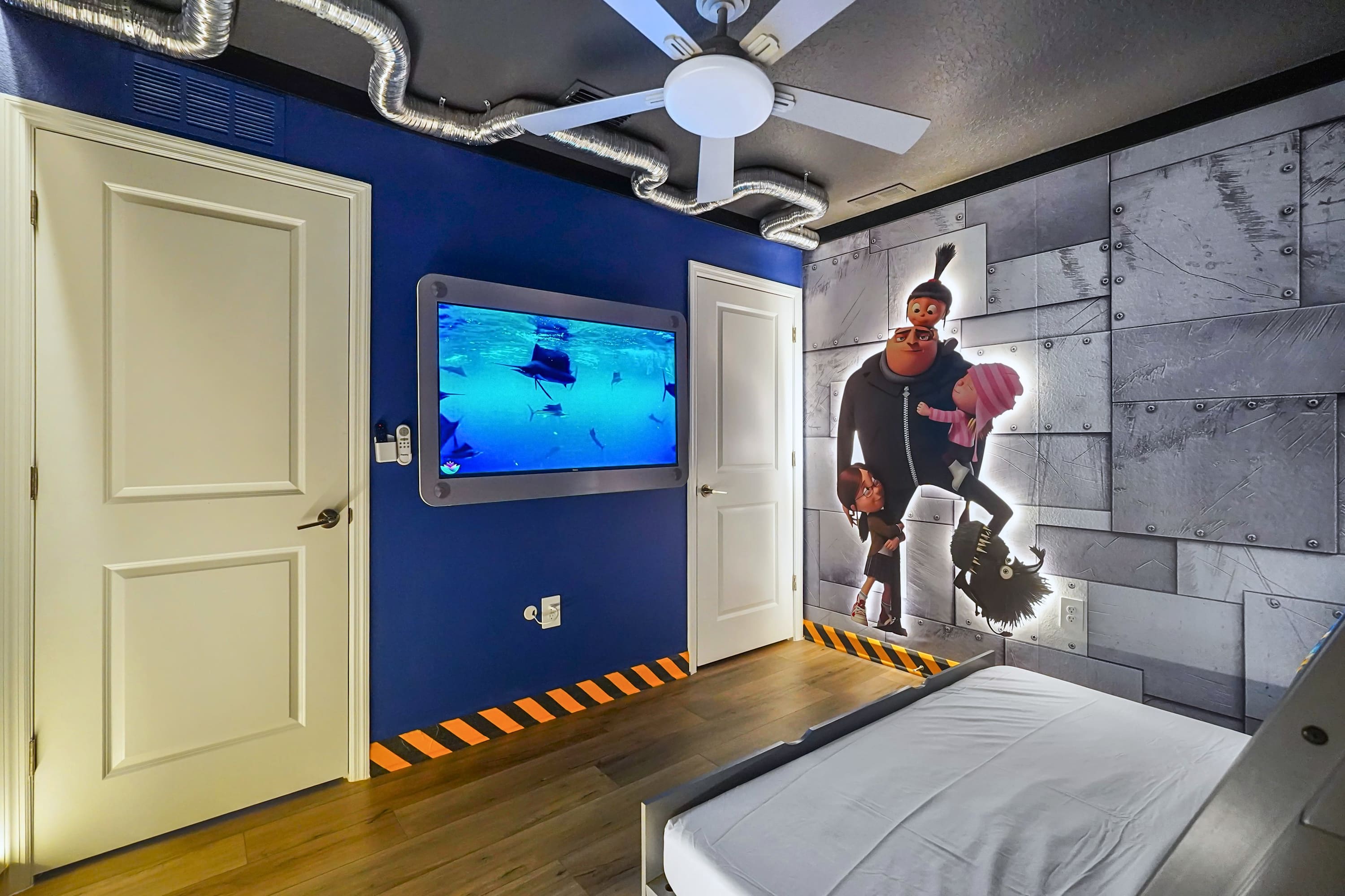Minions themed bunk bed room with 55 inch smart TV, designed for kids entertainment and fun stays