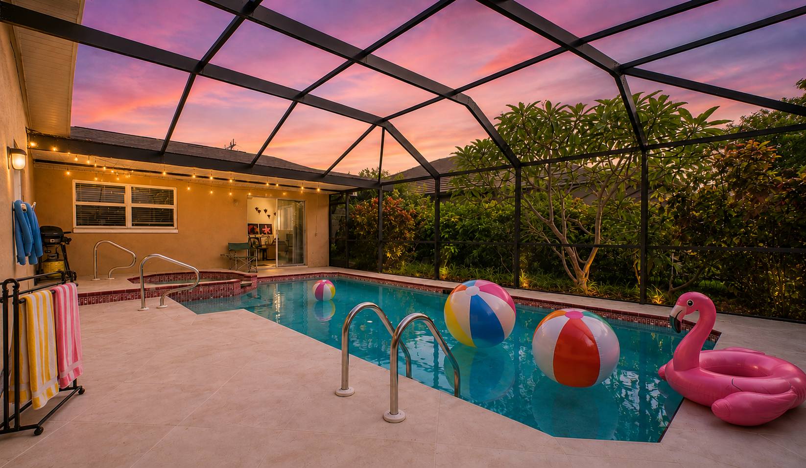 Large, updated home features a game room and private pool