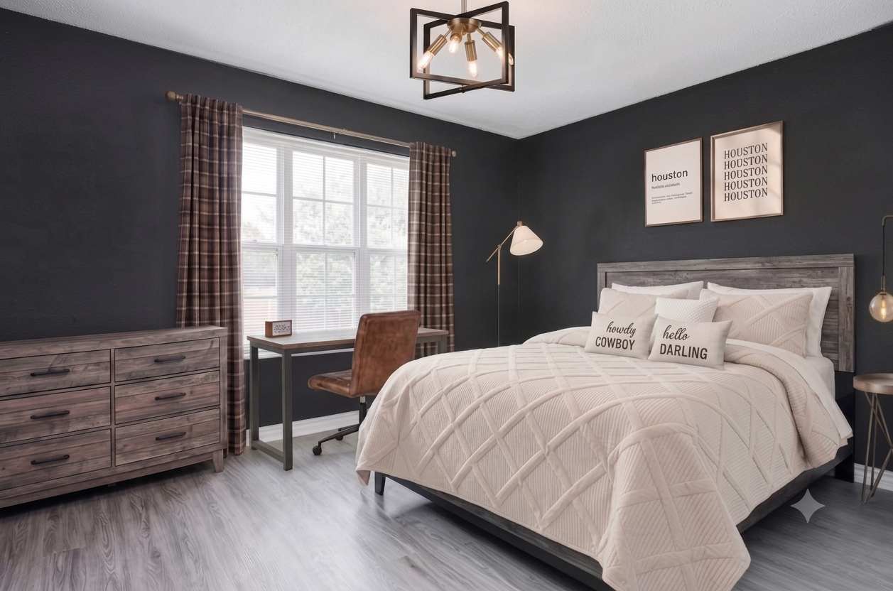 Cozy bedroom with stylish decor, natural light, and a workspace. Perfect for relaxation and productivity.