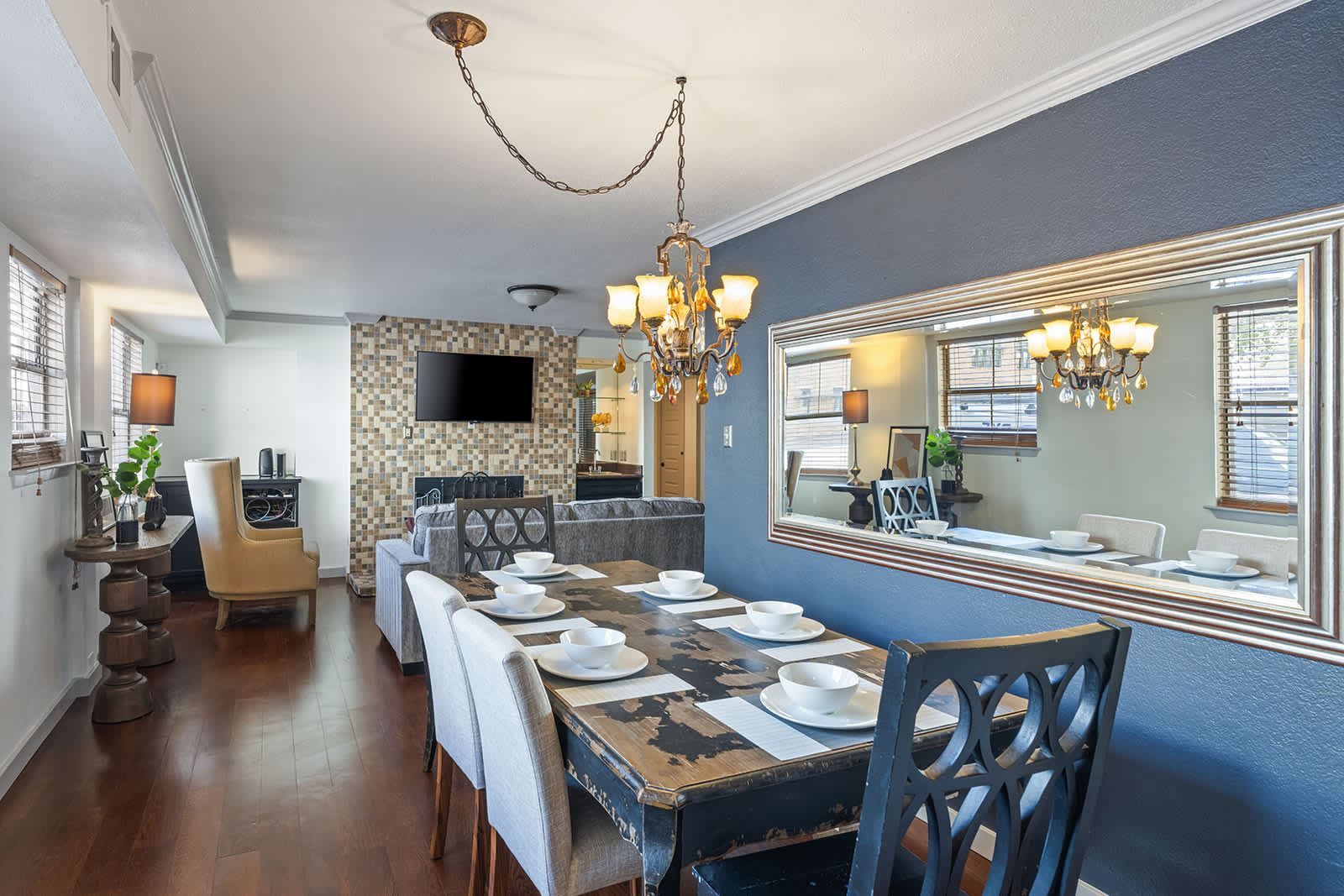 Elegant dining area with rustic charm, perfect for gatherings and cozy meals.