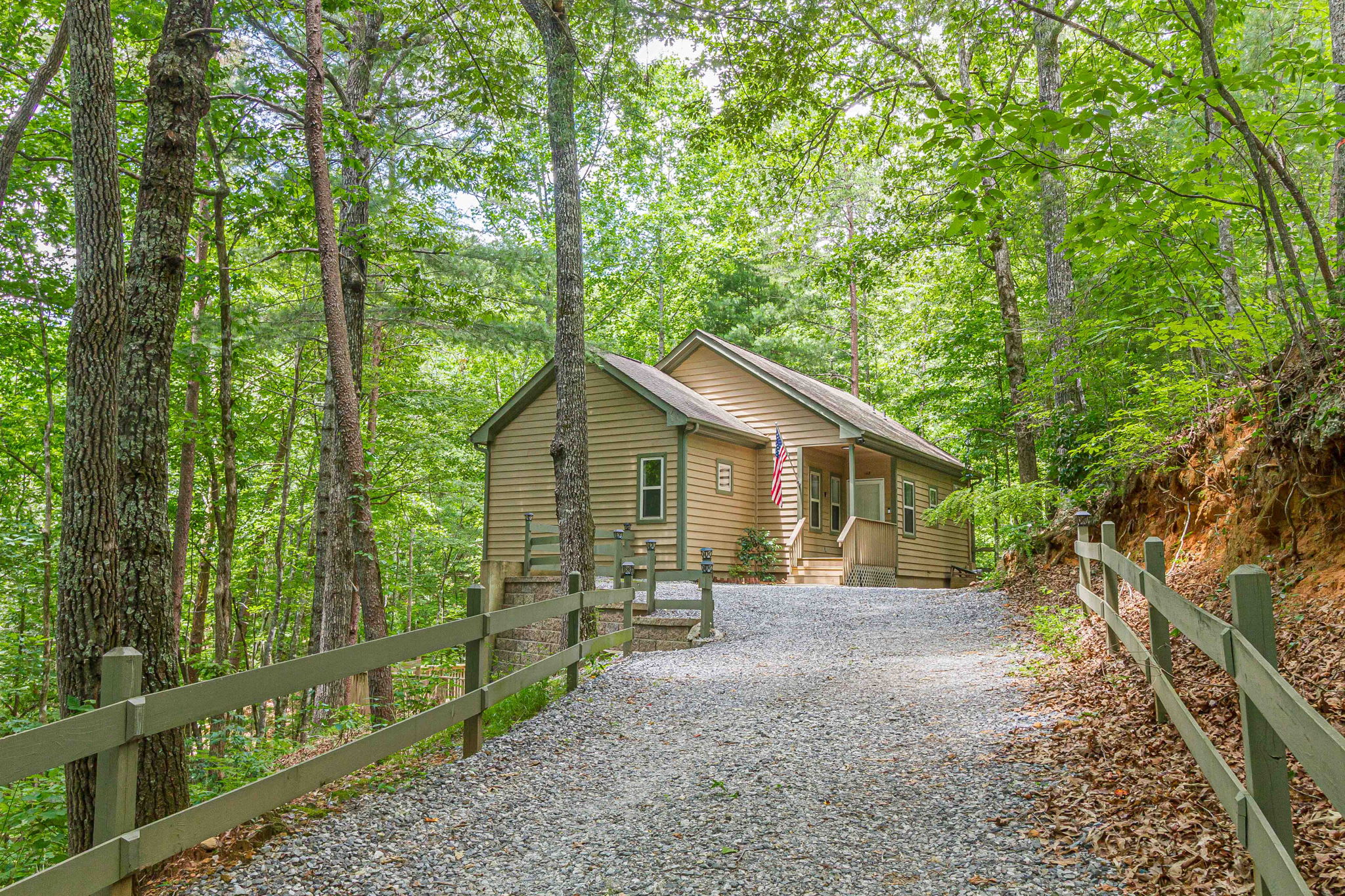 A welcoming entrance sets the tone for a relaxing cabin stay.