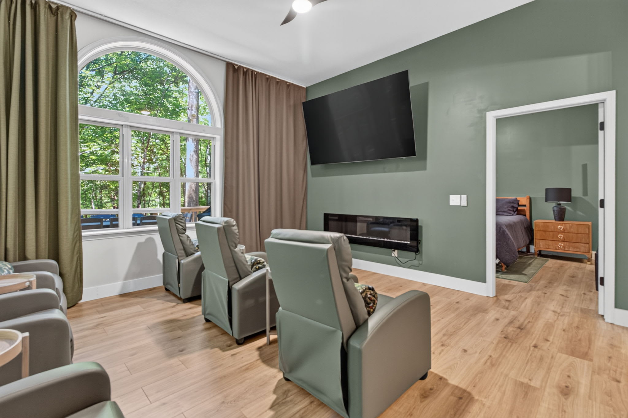 An alternate view of the home theater, designed for relaxing entertainment.