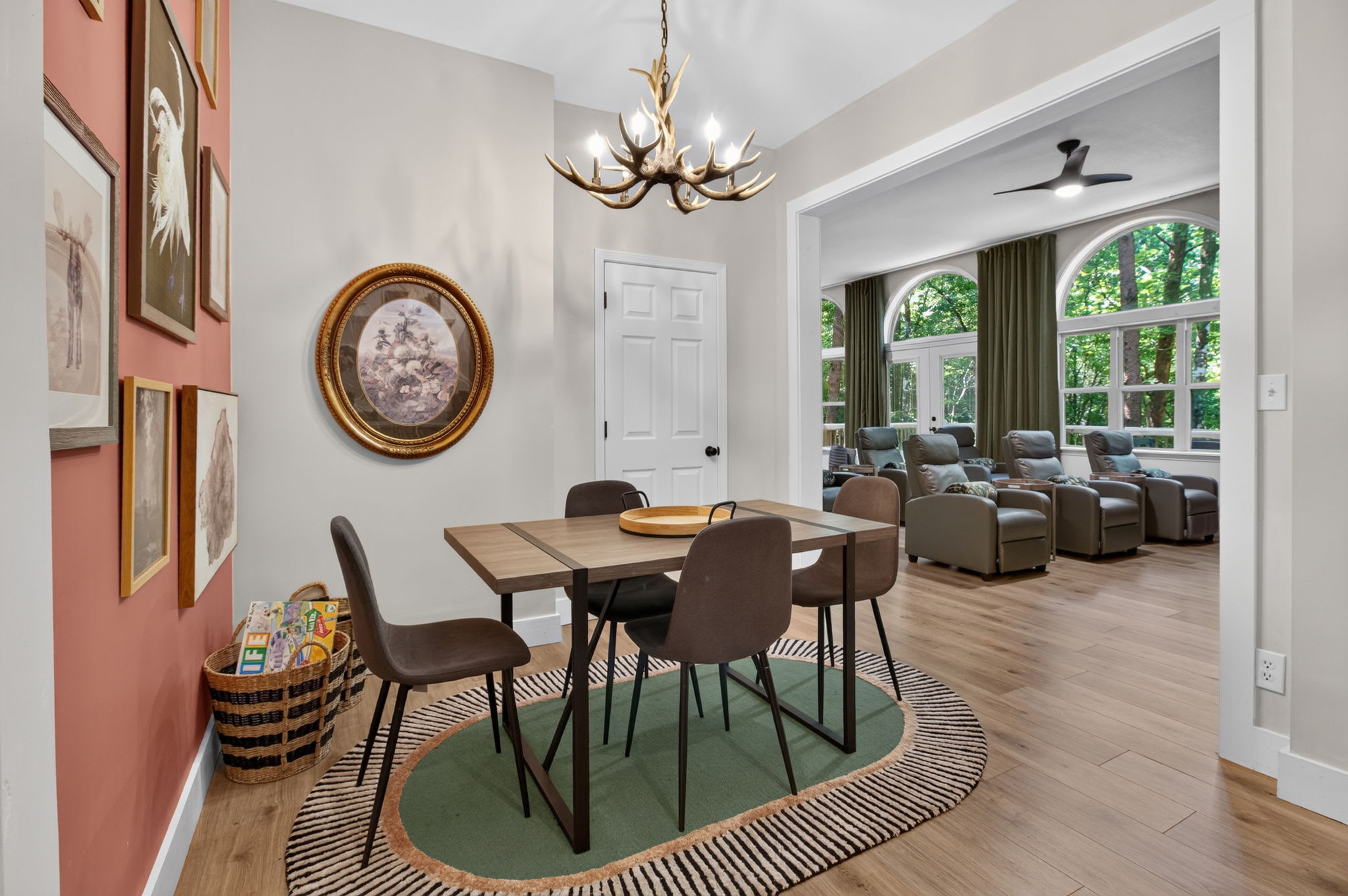 Dine comfortably just steps away from the home theater.