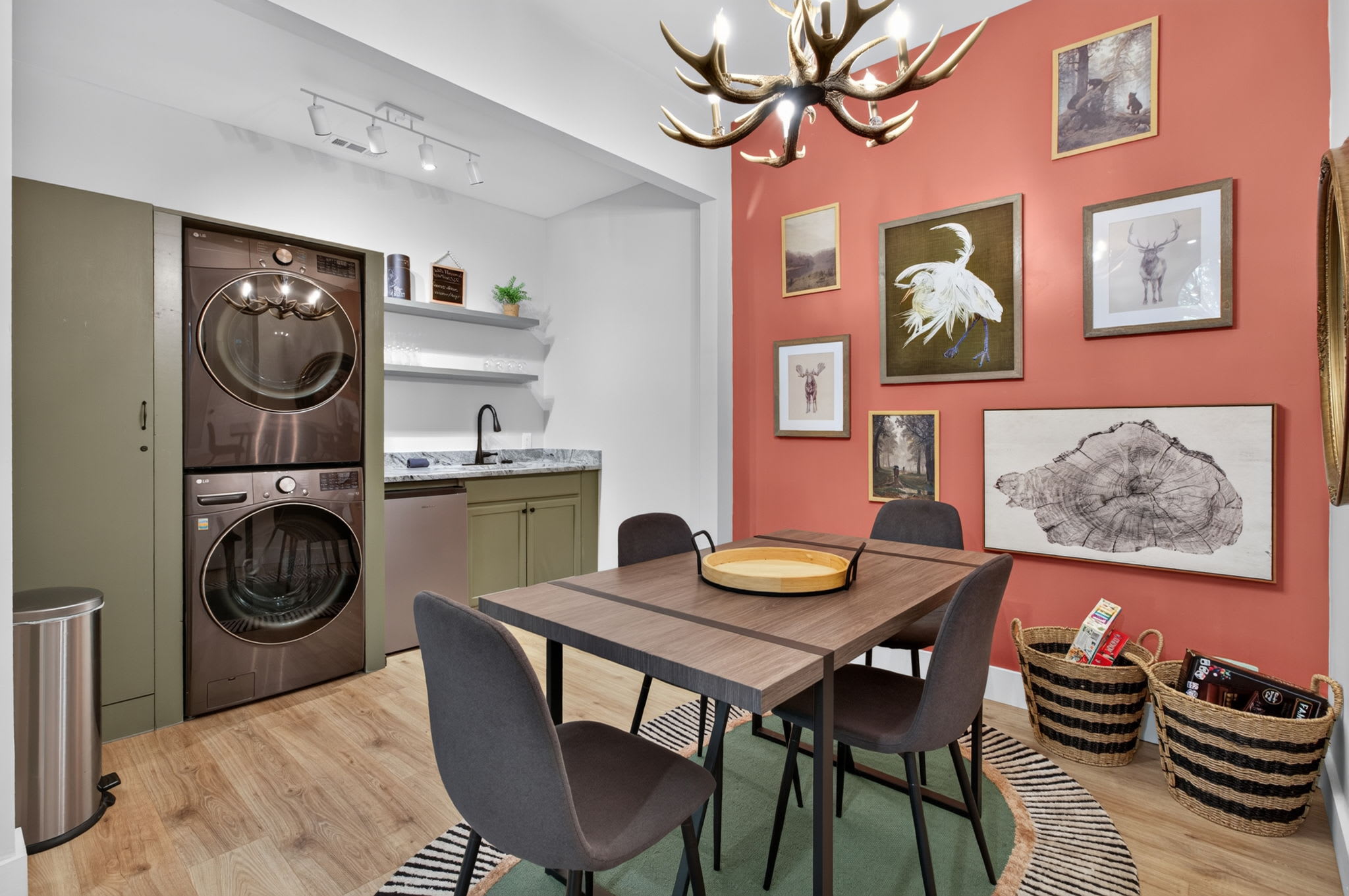 Added convenience with an in-room washer, dryer, and beverage cooler.