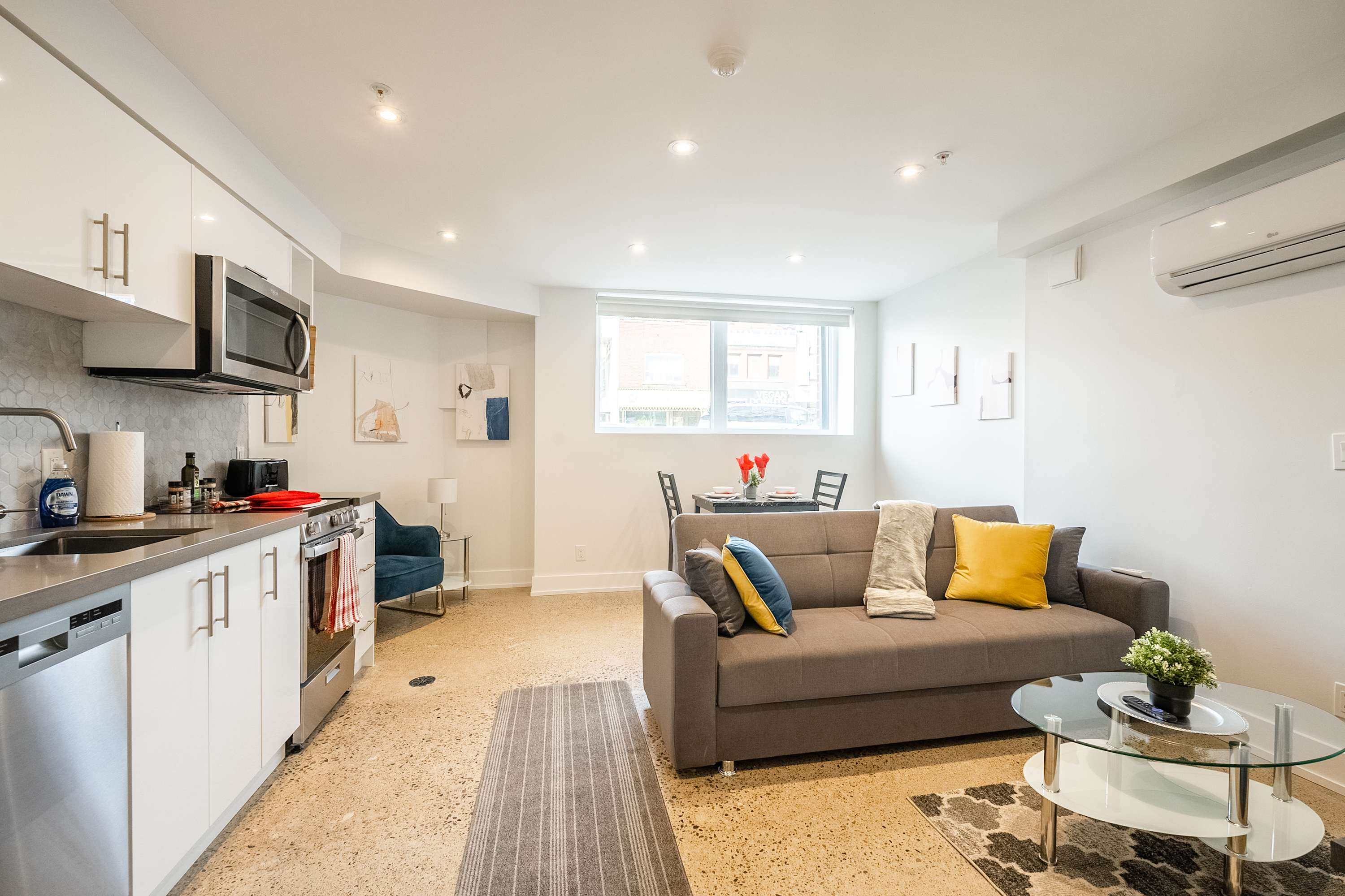 Open-layout living area and kitchen