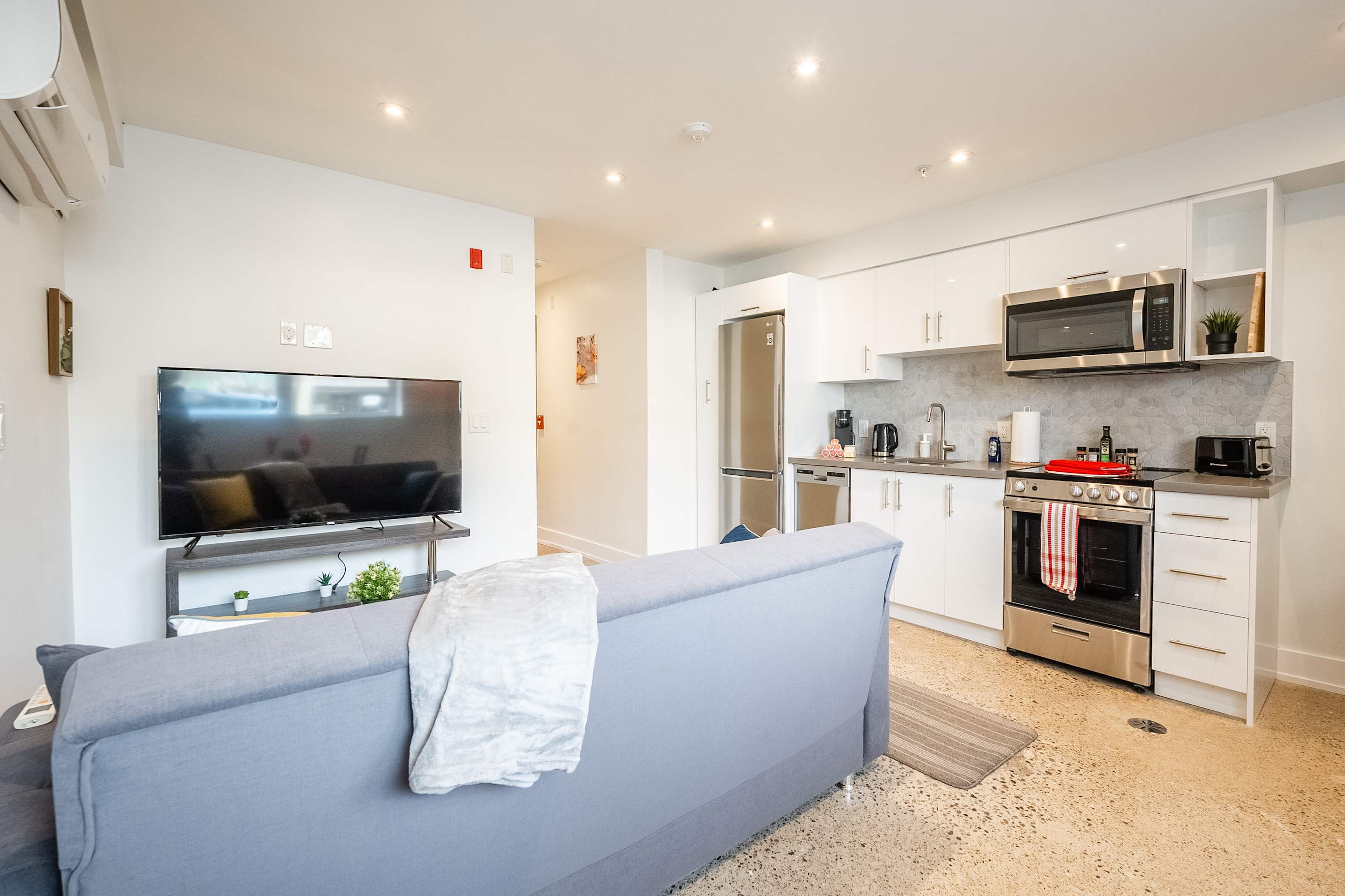 Open-layout living area and kitchen