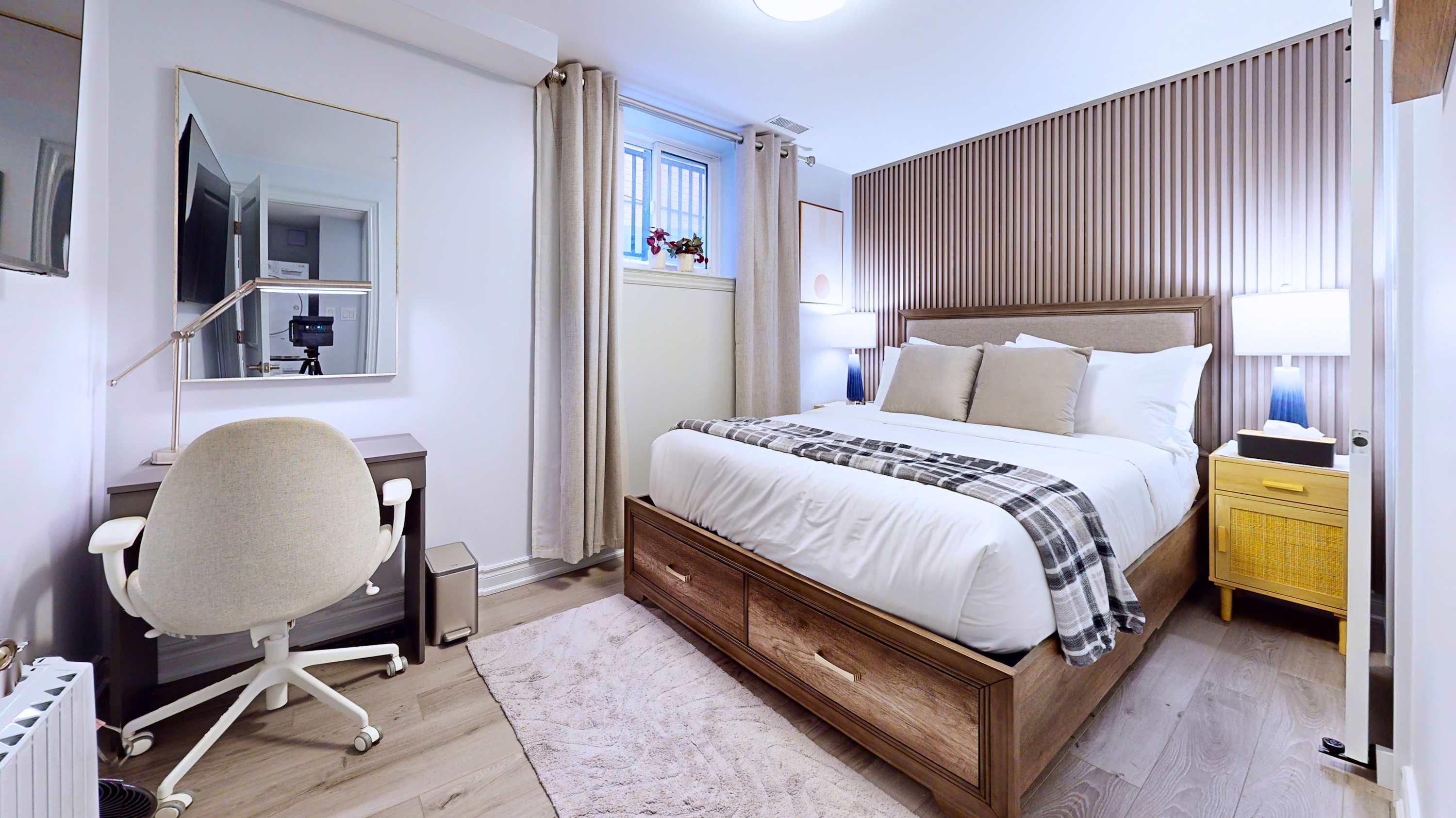 Relax in a cozy queen bed or get things done at the dedicated study table and comfortable office chair
