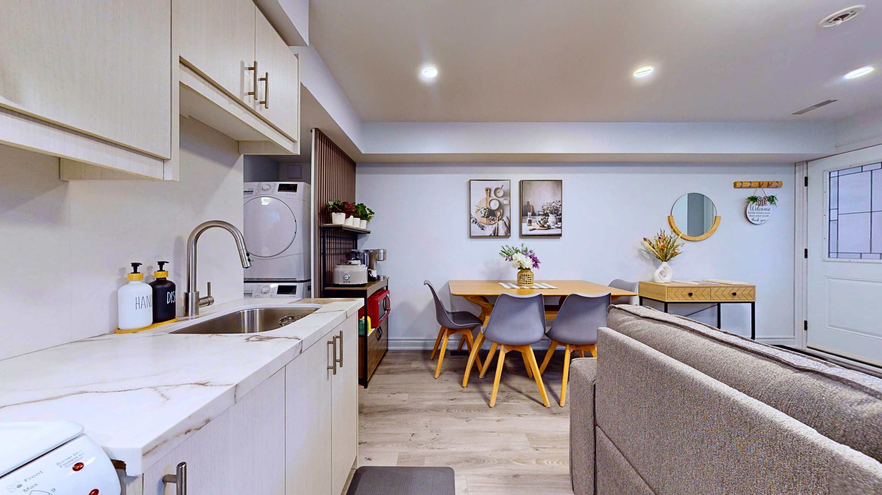Relax on the sofa grab a bite at the dining table or prep meals in the kitchen
