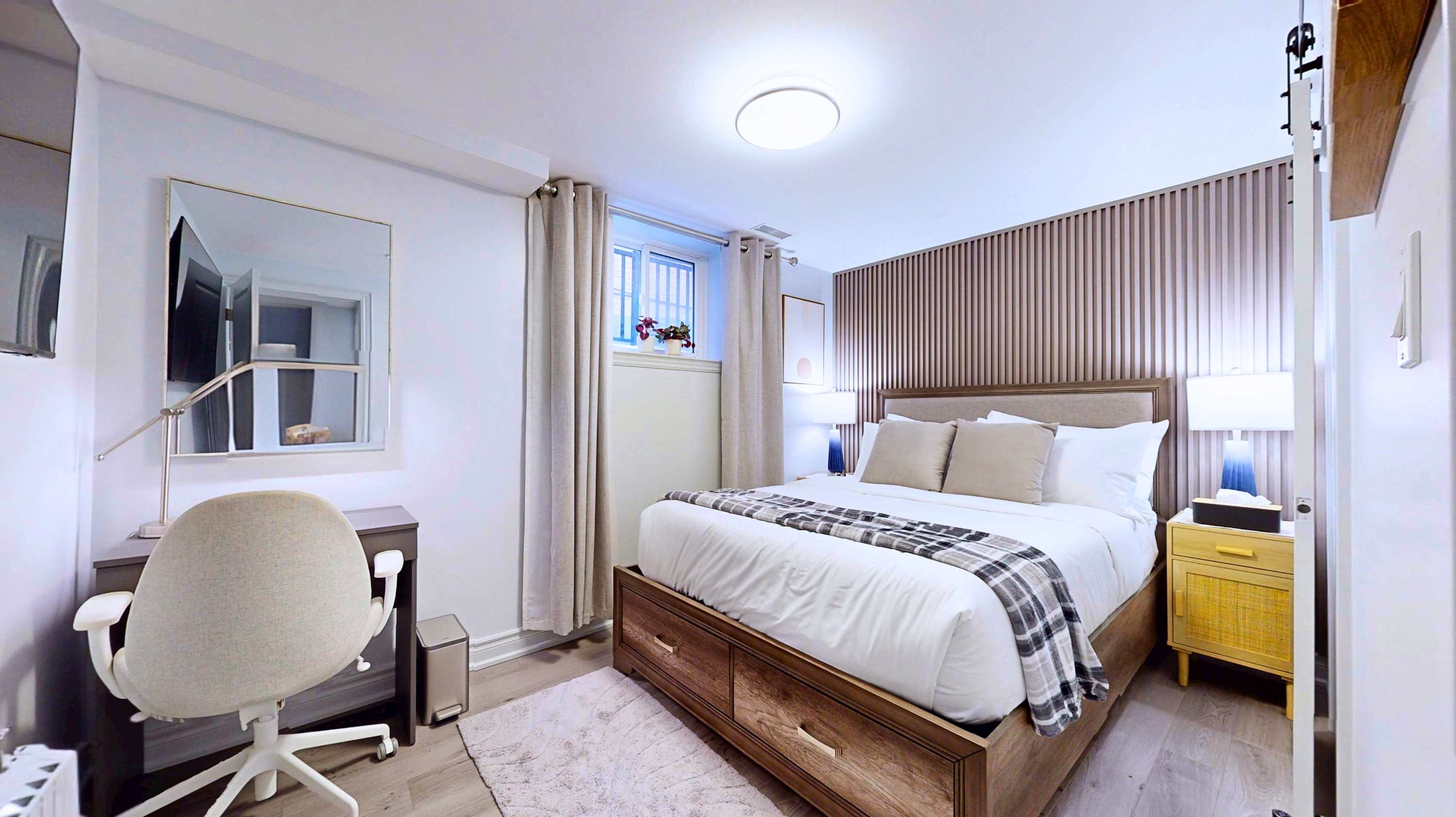 Rest in the plush queen bed or stay productive at the convenient study table and office chair setup
