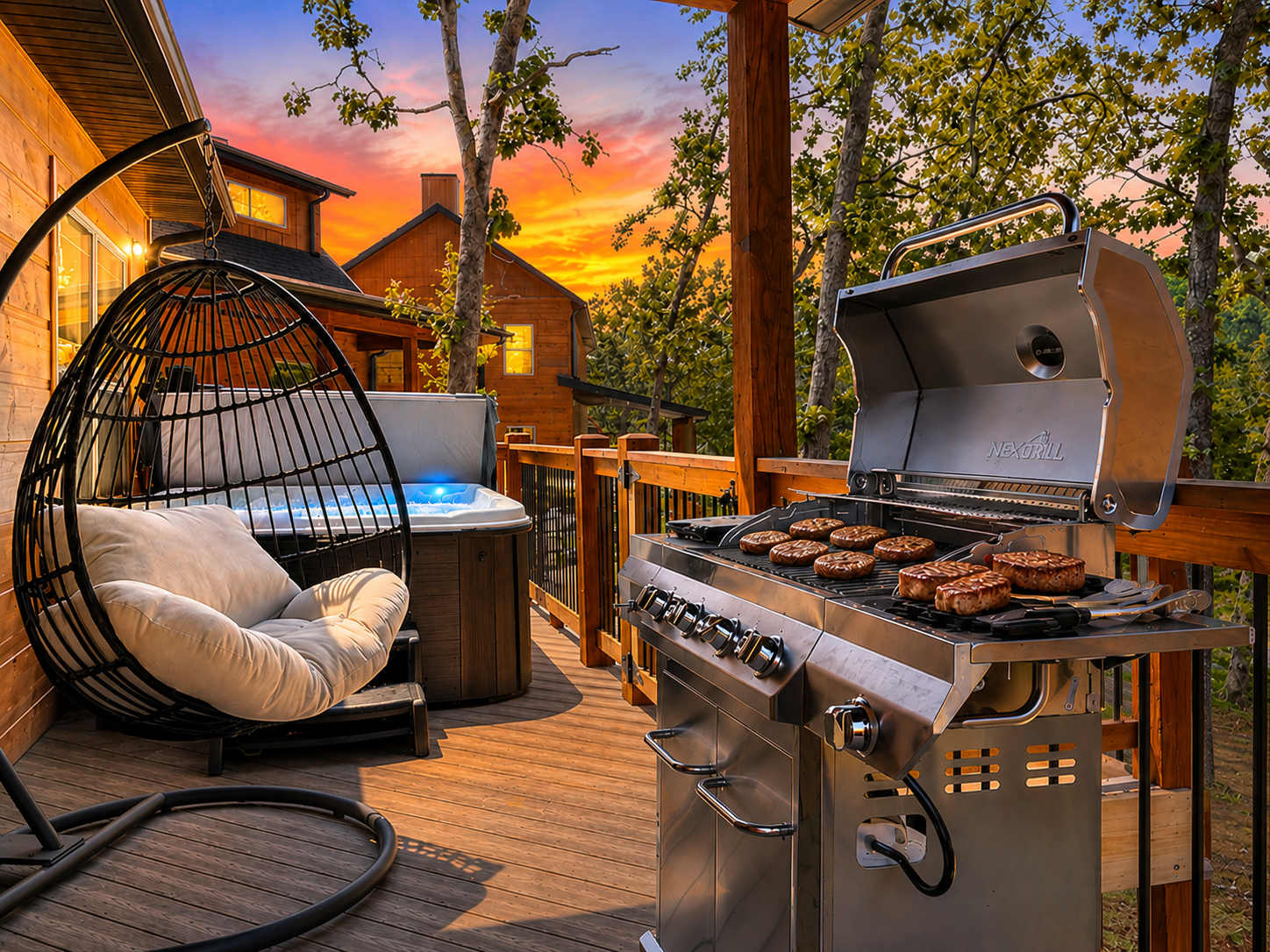 Beautiful deck with a hot tub to unwind after a busy day in Branson or just hanging at Tall Timbers. Enjoy some burgers and other grilled goodies while relaxing.