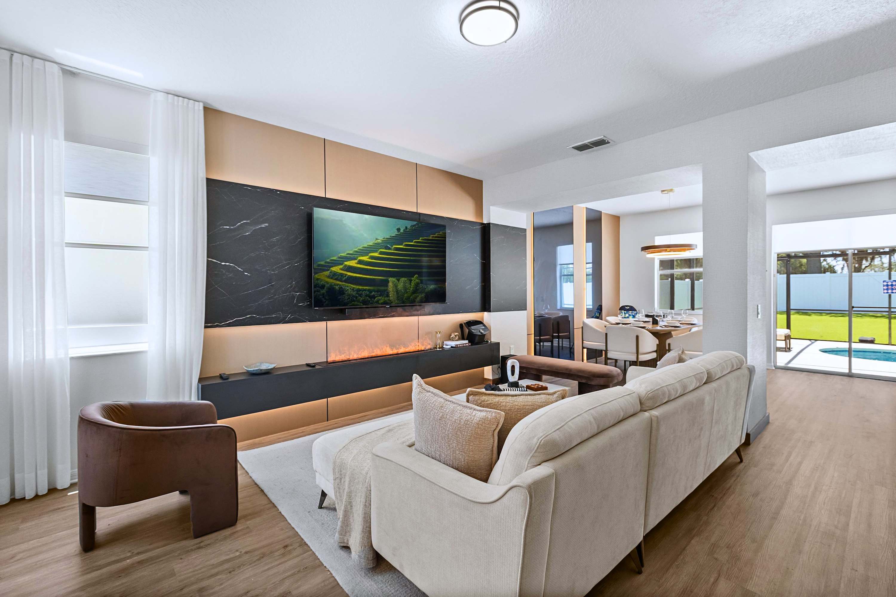The ultimate gathering spot. Enjoy seamless transition from dinner to movie night in one space