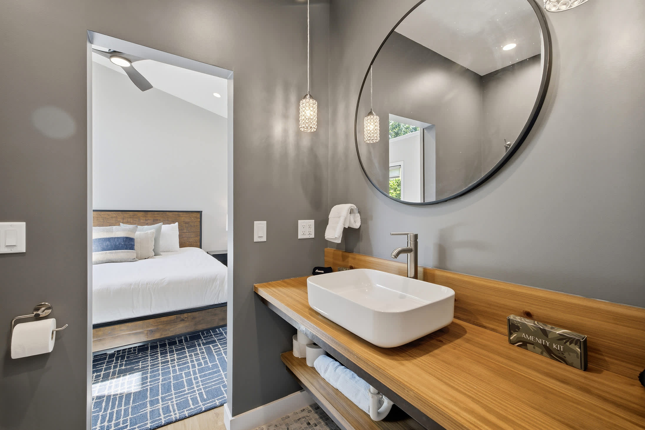 Modern ensuite vanity provides plenty of space for your essentials.