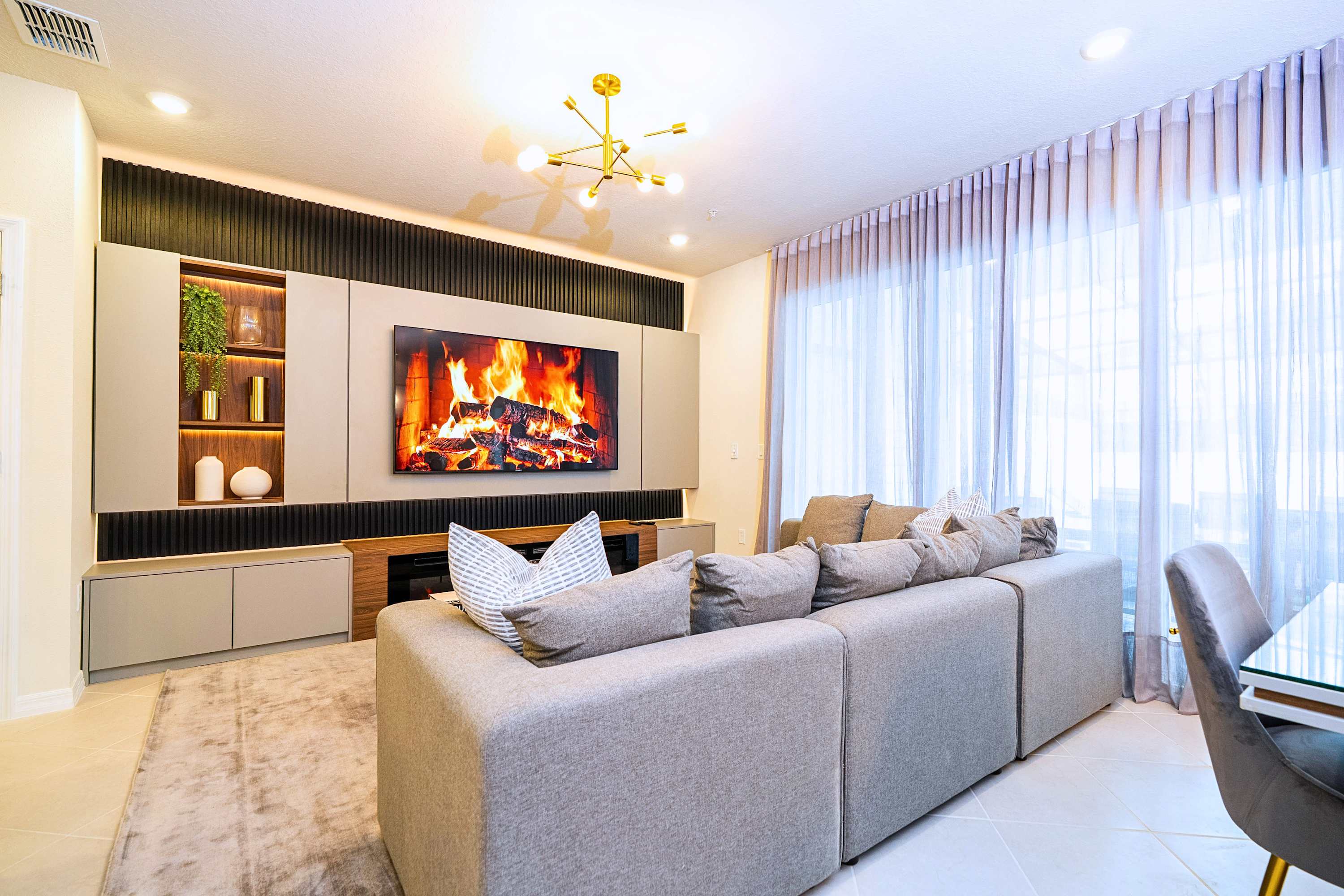Sit back and relax with your favorite shows on the smart TV, paired with the warm, comforting glow of the electric fireplace