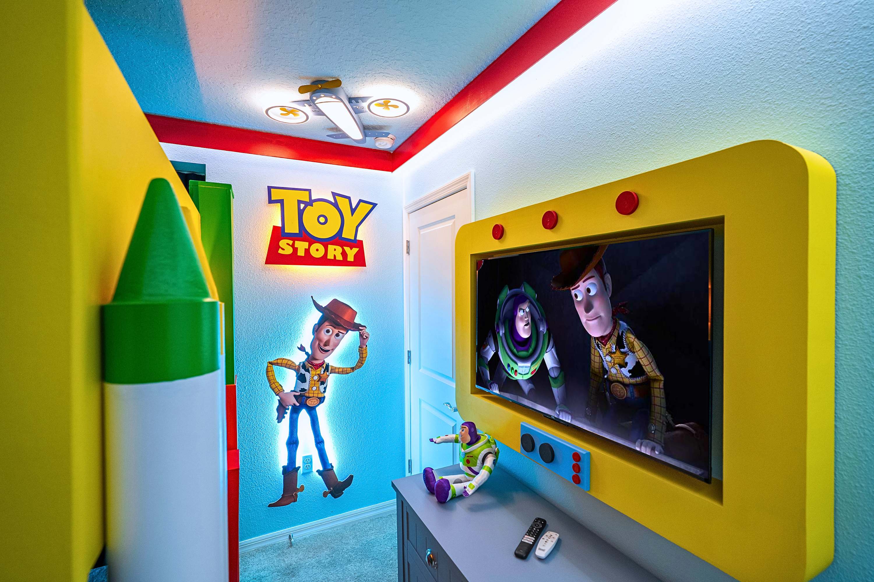 The ultimate kids' hangout spot, blending whimsical Toy Story decor with a dedicated smart TV