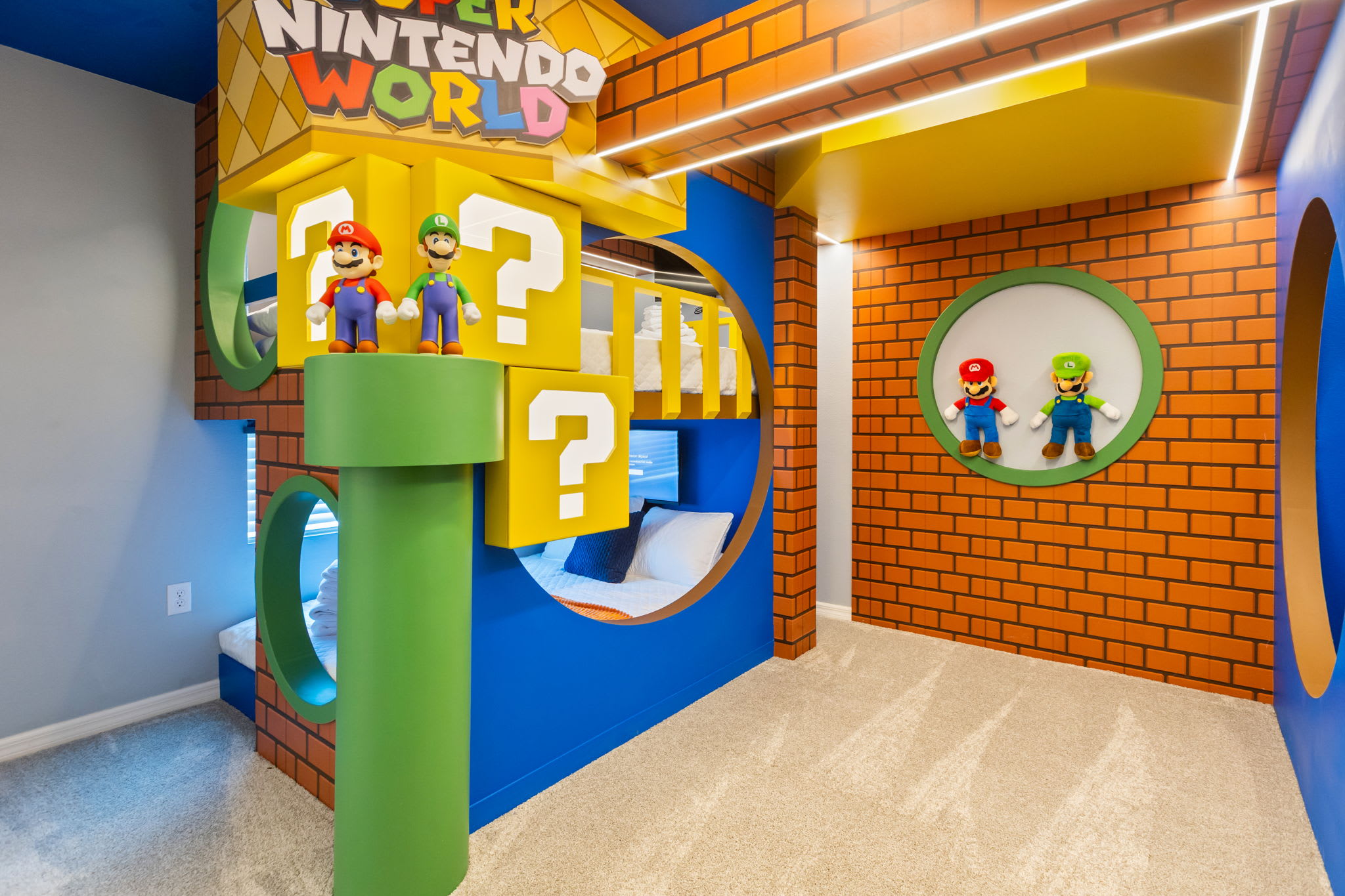 Immerse yourself in a Super Nintendo World-themed room, perfect for gamers and families seeking a fun, nostalgic experience.