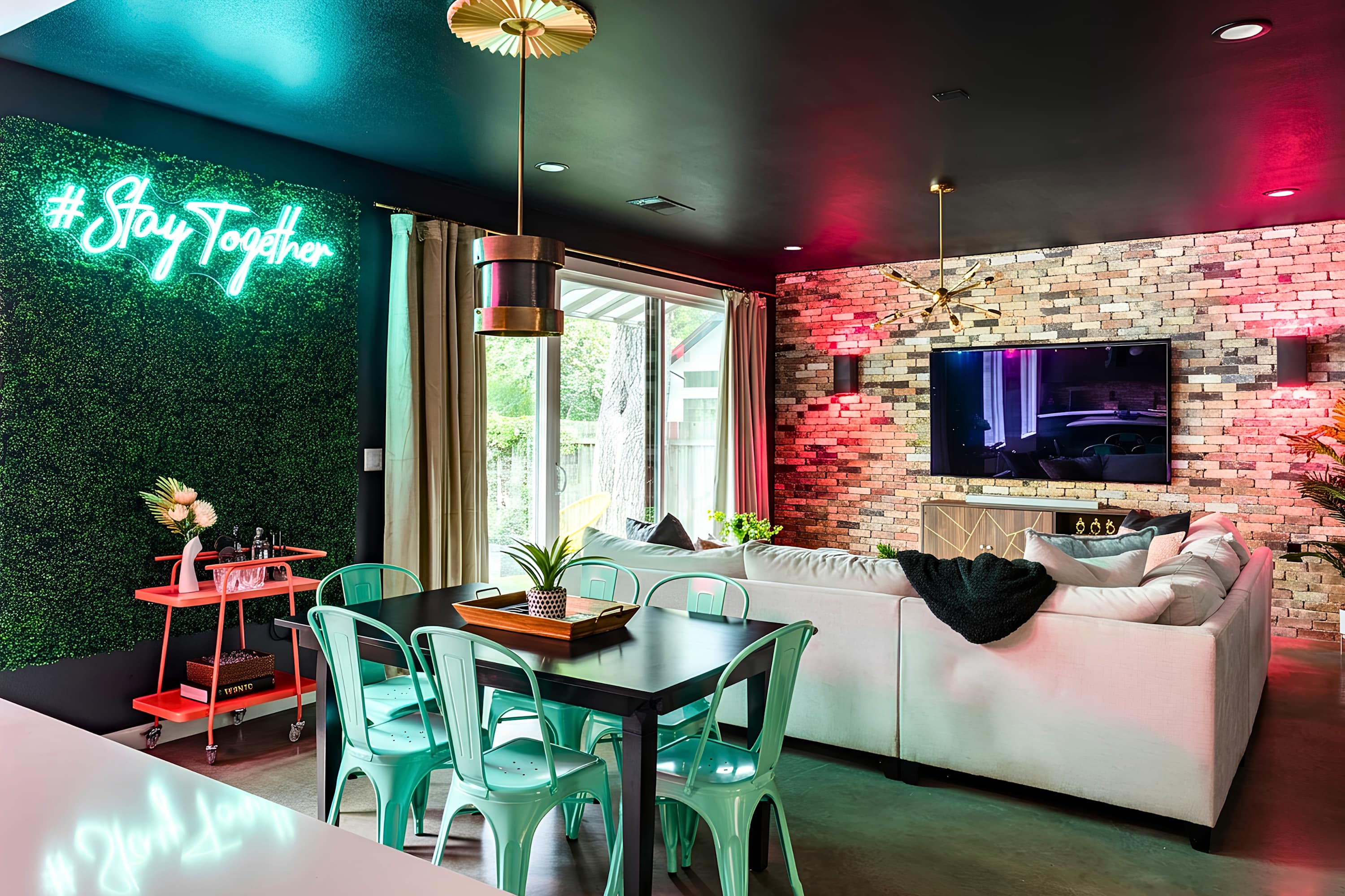 An all-in-one space featuring a TV lounge, dining area, and seamless glass-door access to the outdoors.