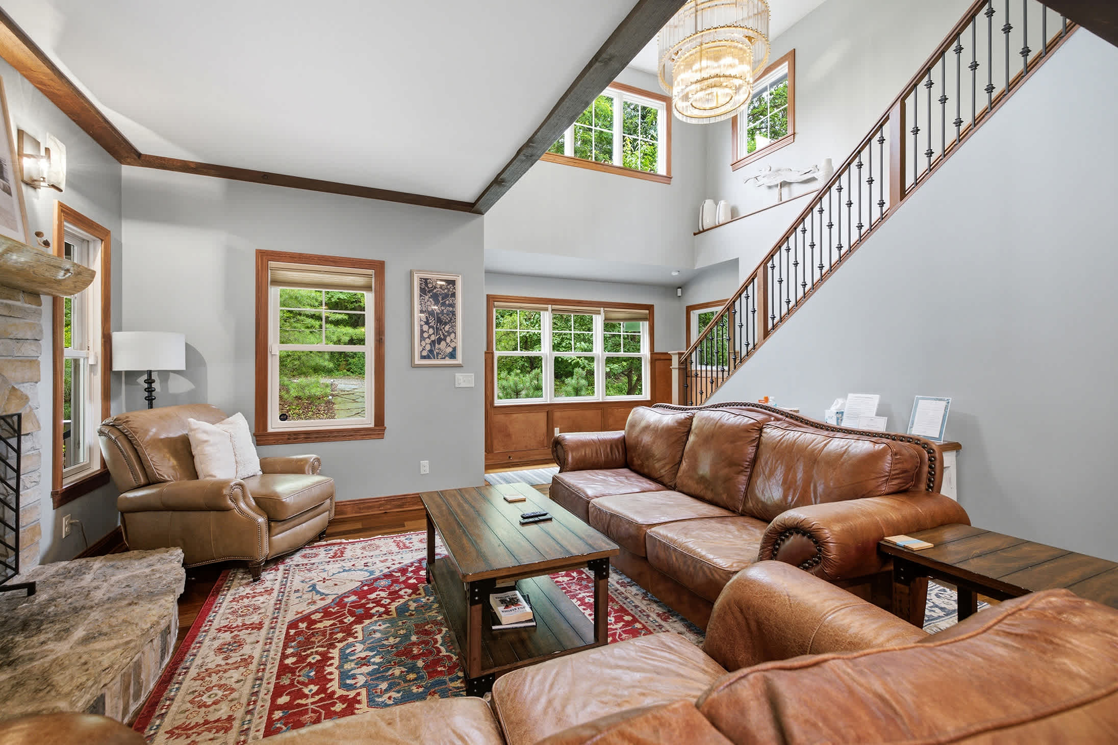 Rich, comfortable furnishings define the Moose Lodge’s living spaces.