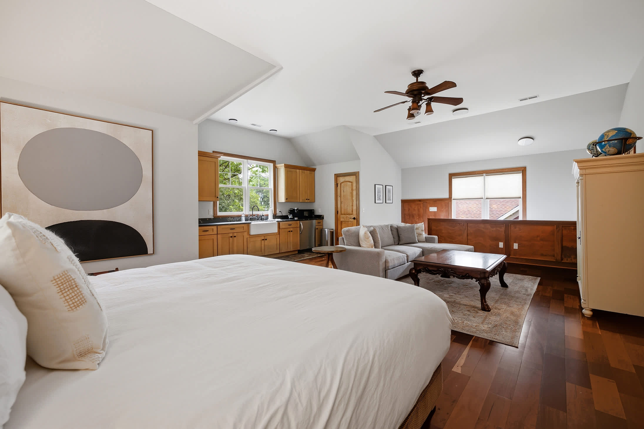 The main bedroom has everything needed for an evening retreat away from the others.