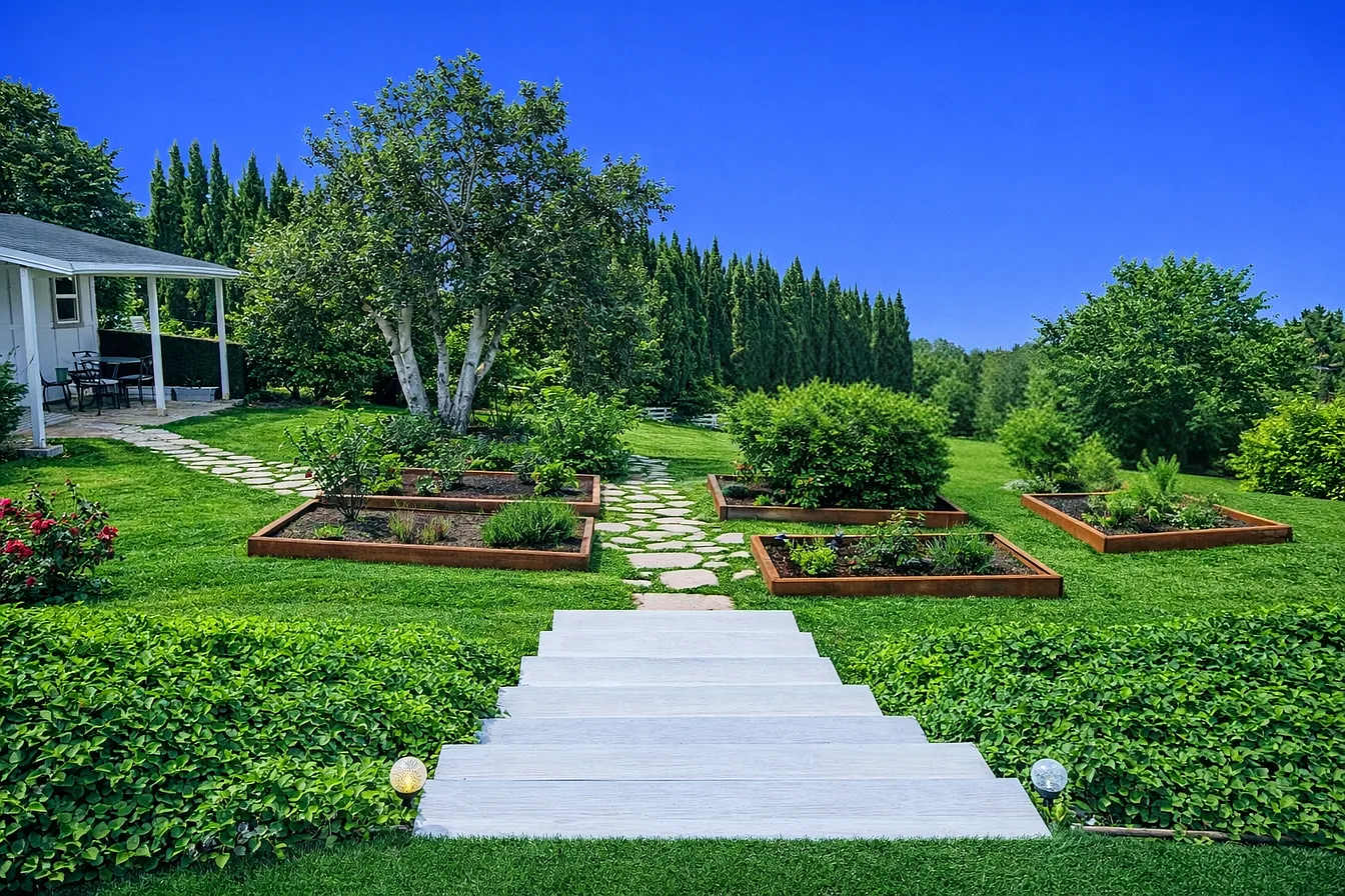 Backyard Garden - Currently beautiful and lush rose bushes fill the planter boxes.
The pathway leading to the left is for the detached casita, pathway in the center leads to the enclosed outdoor pool / jacuzzi.