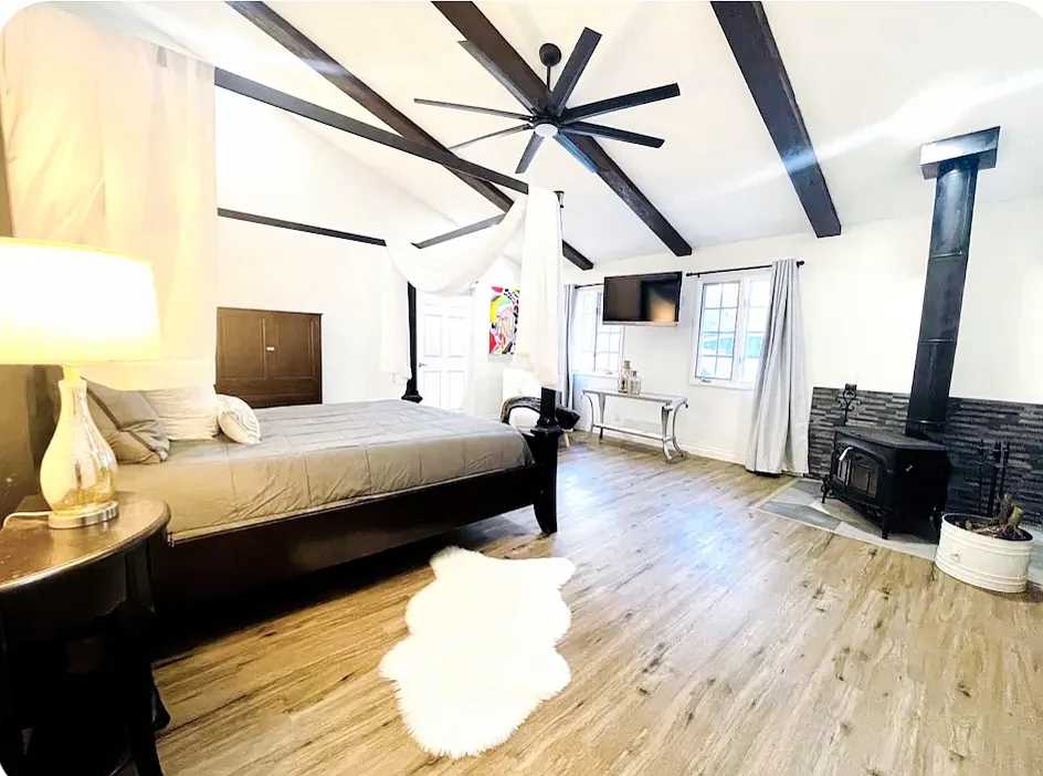 Primary Bedroom with King Bed and Fireplace