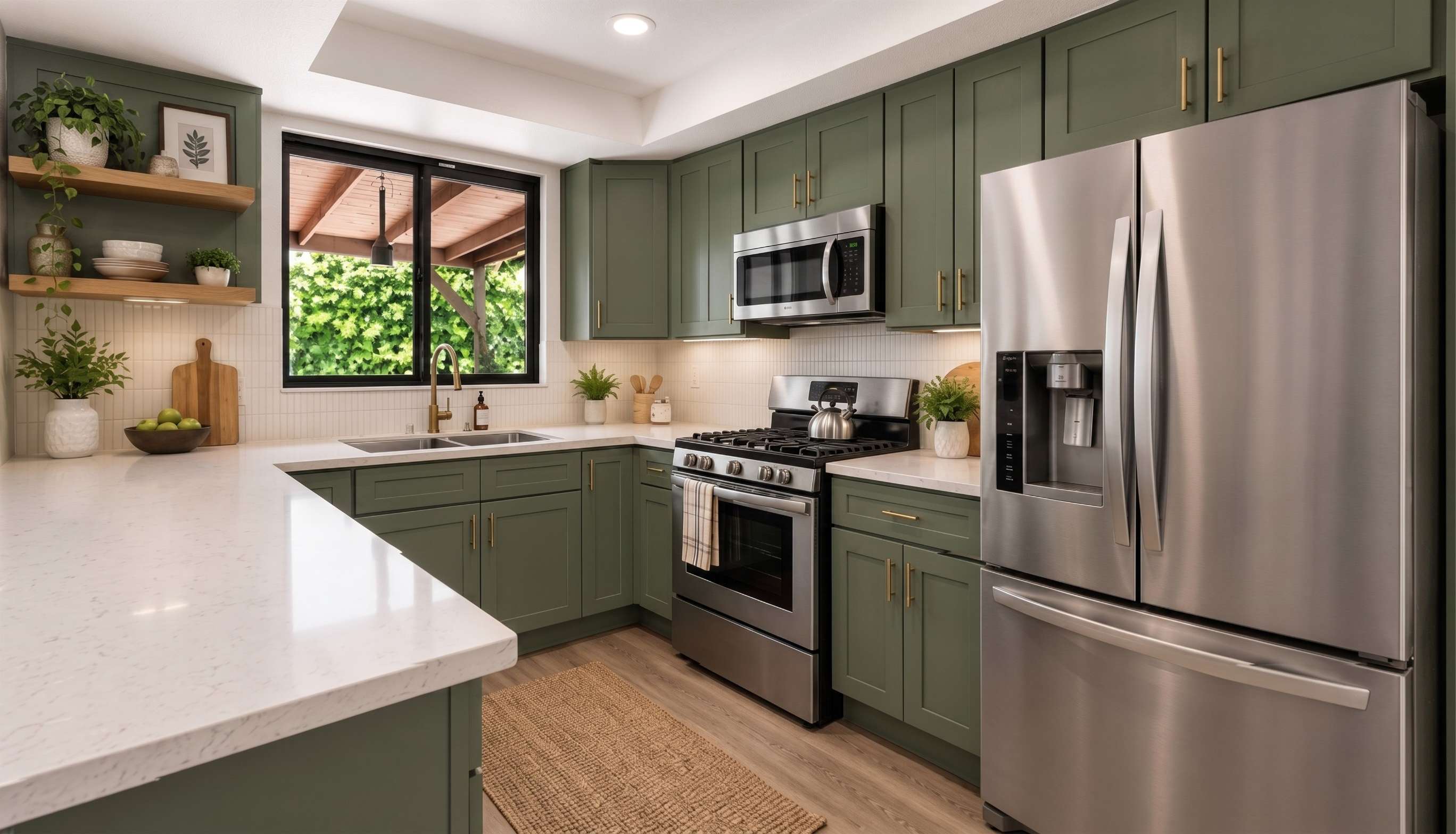 Bright kitchen with sage shaker cabinets, quartz counters, gas range & french-door fridge — stocked and ready from day one