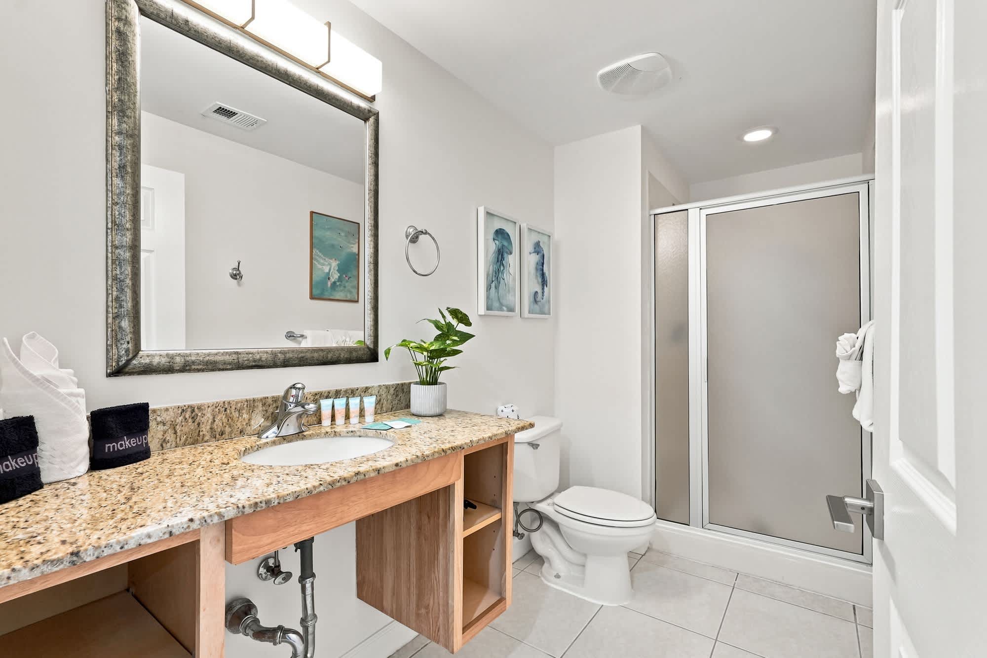 Splash 804E – Modern bathroom featuring a granite countertop, mirror, shower, and decorative ocean-themed artwork.