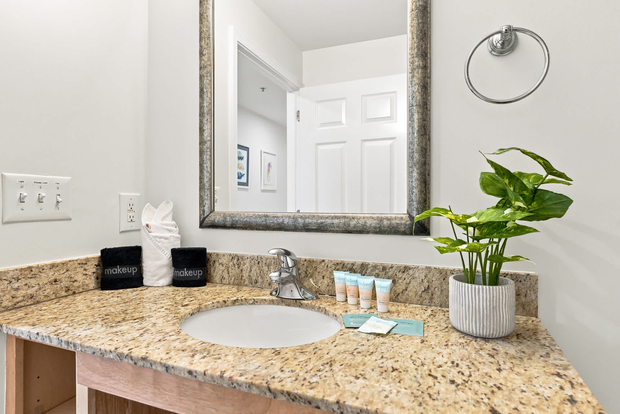 Splash 804E – Bathroom countertop with sink, mirror, decorative plant, towels, and toiletries on granite surface.