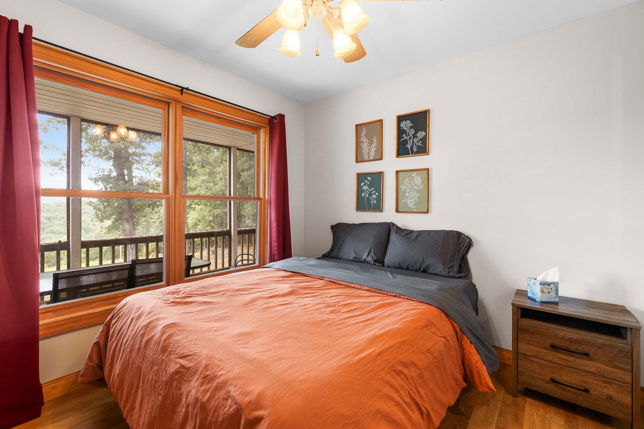 Bedroom 1 (main level): Queen bed and Ceiling fan
