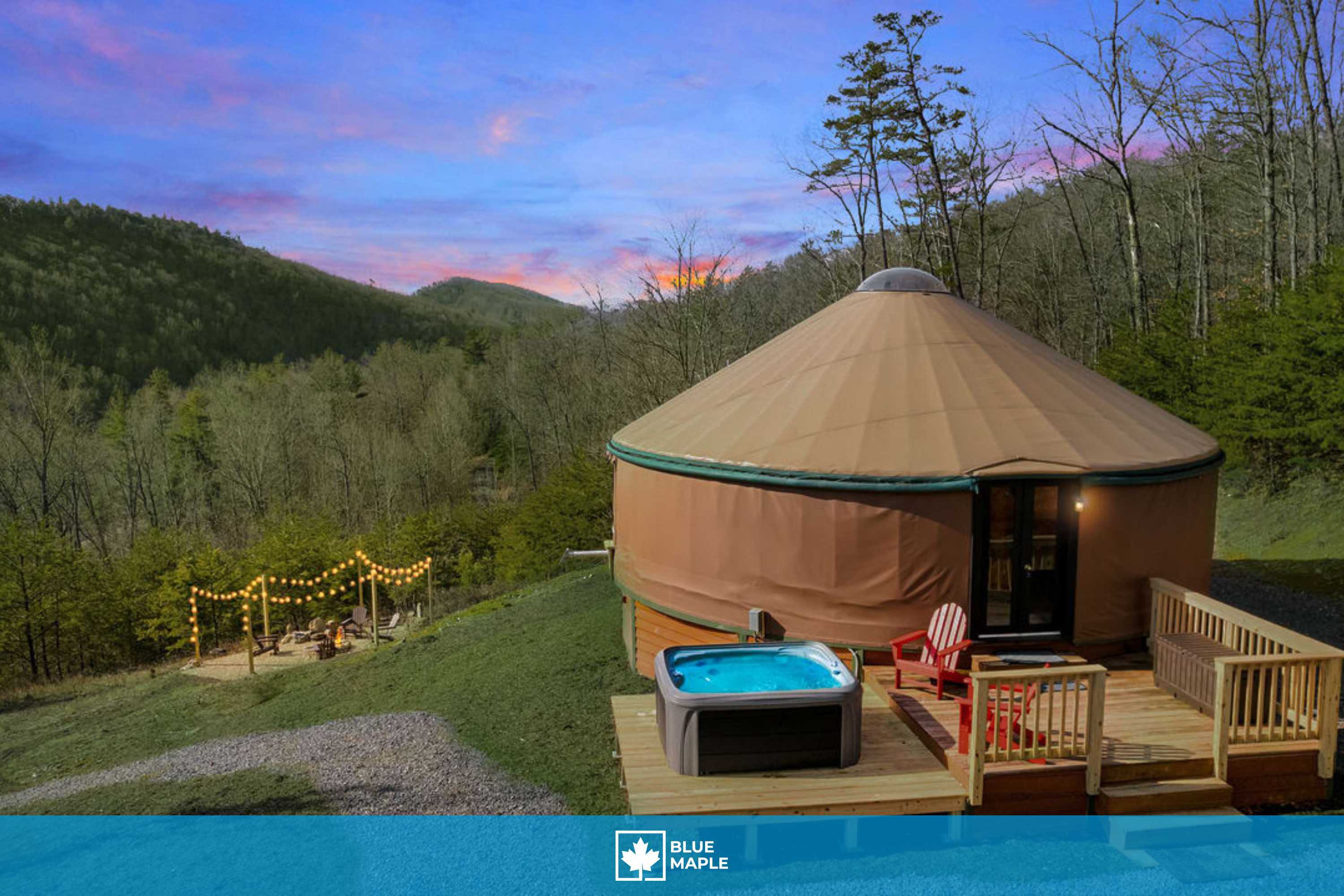 Scenic forest yurt w/ hot tub & river access