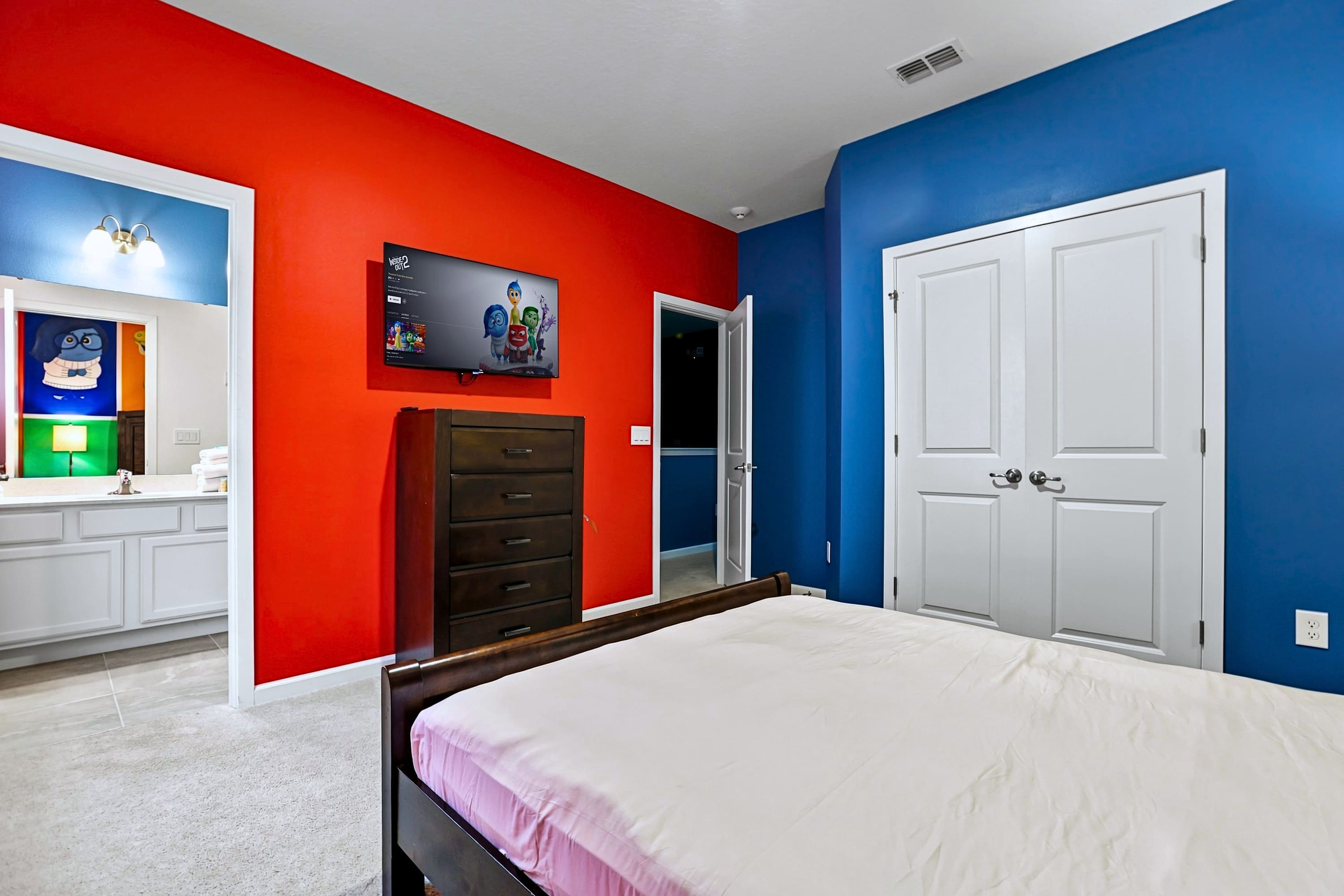Inside Out themed Queen bedroom with smart TV, media cabinet & en-suite bathroom