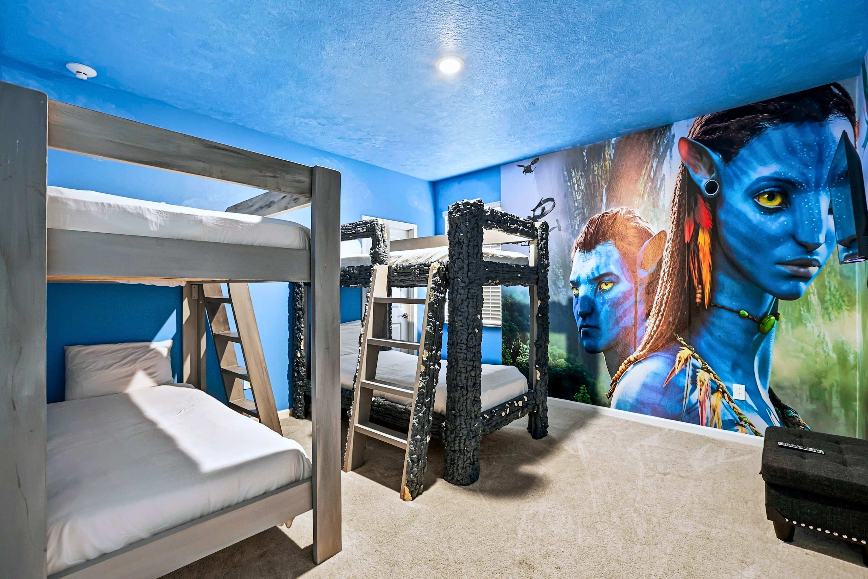 Avatar-themed kids' bedroom featuring two sets of sturdy bunk beds for family stays