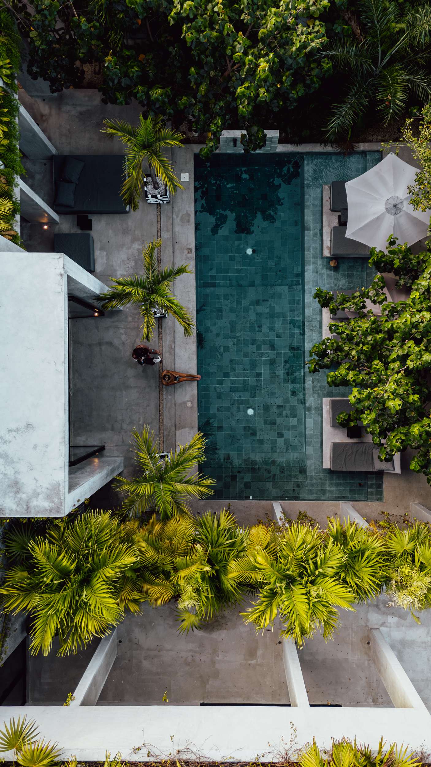 Drone view of the pool surrounded by lush gardens