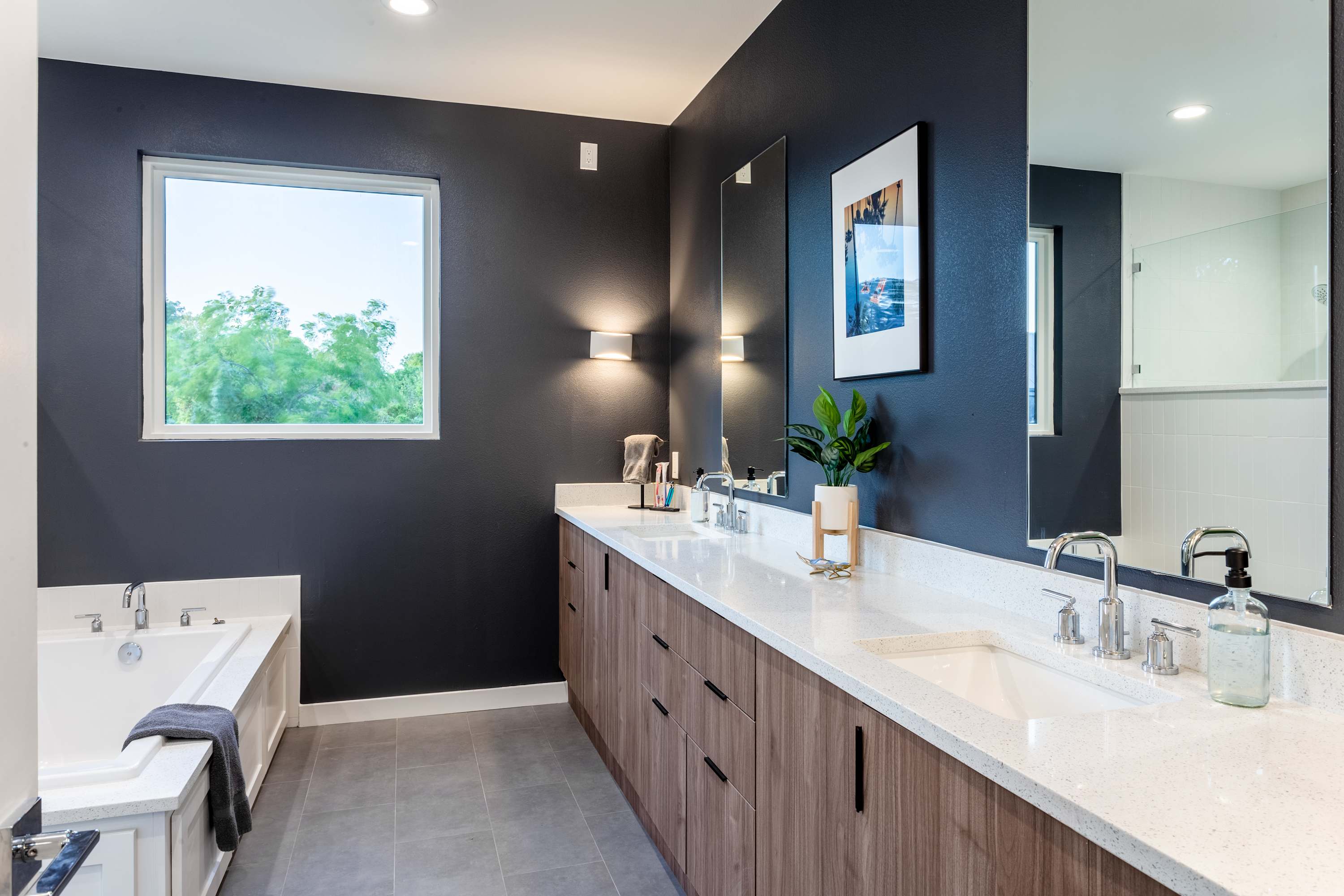 Spacious Bathroom With Walk-In Shower And Bathtub