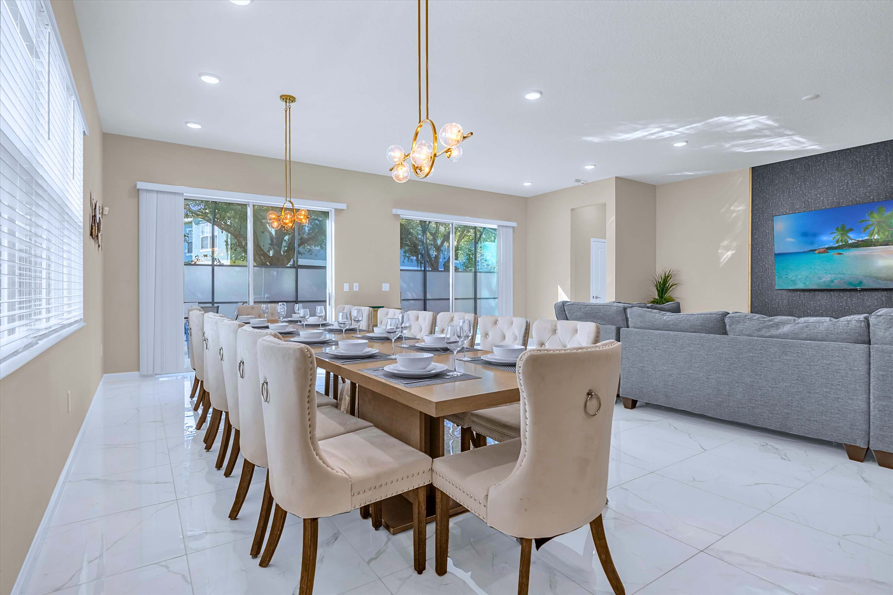 Elegant Dining Area – A long dining table perfect for group meals and celebrations.