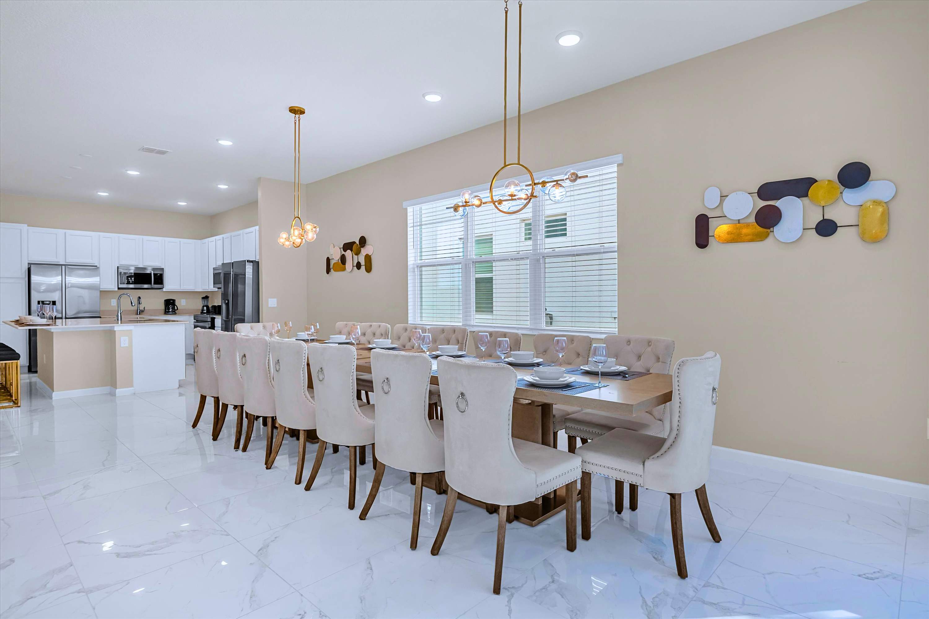 Elegant Dining Area – A long dining table perfect for group meals and celebrations.