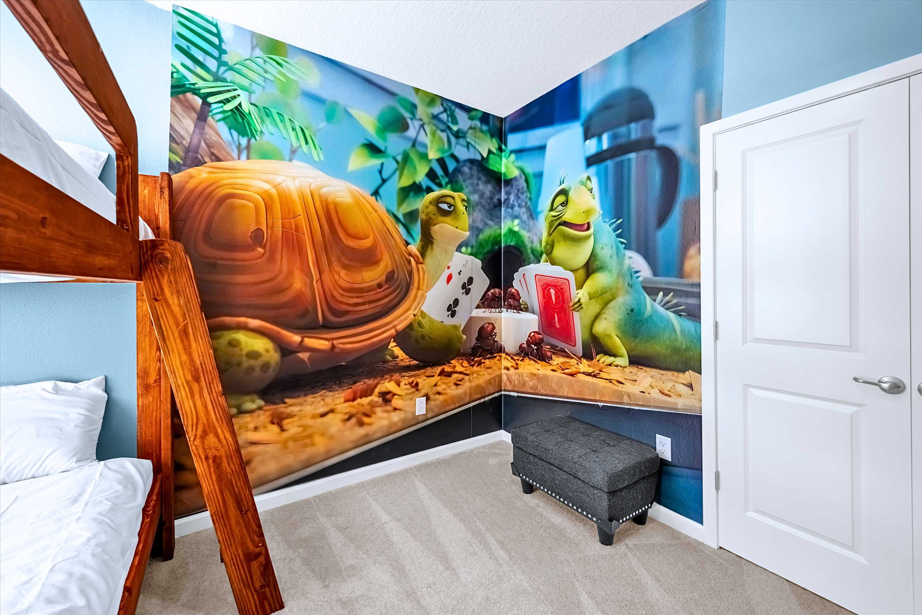Playful cartoon room featuring card-playing character art, bunk bed & bench