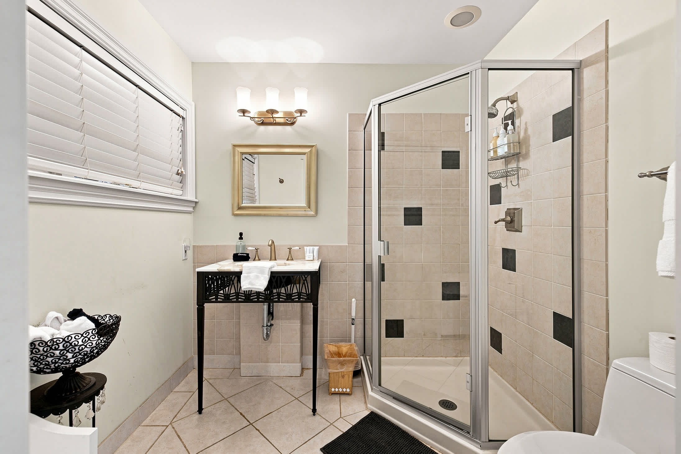 Spacious bathroom with walk-in shower, elegant fixtures, and natural light.