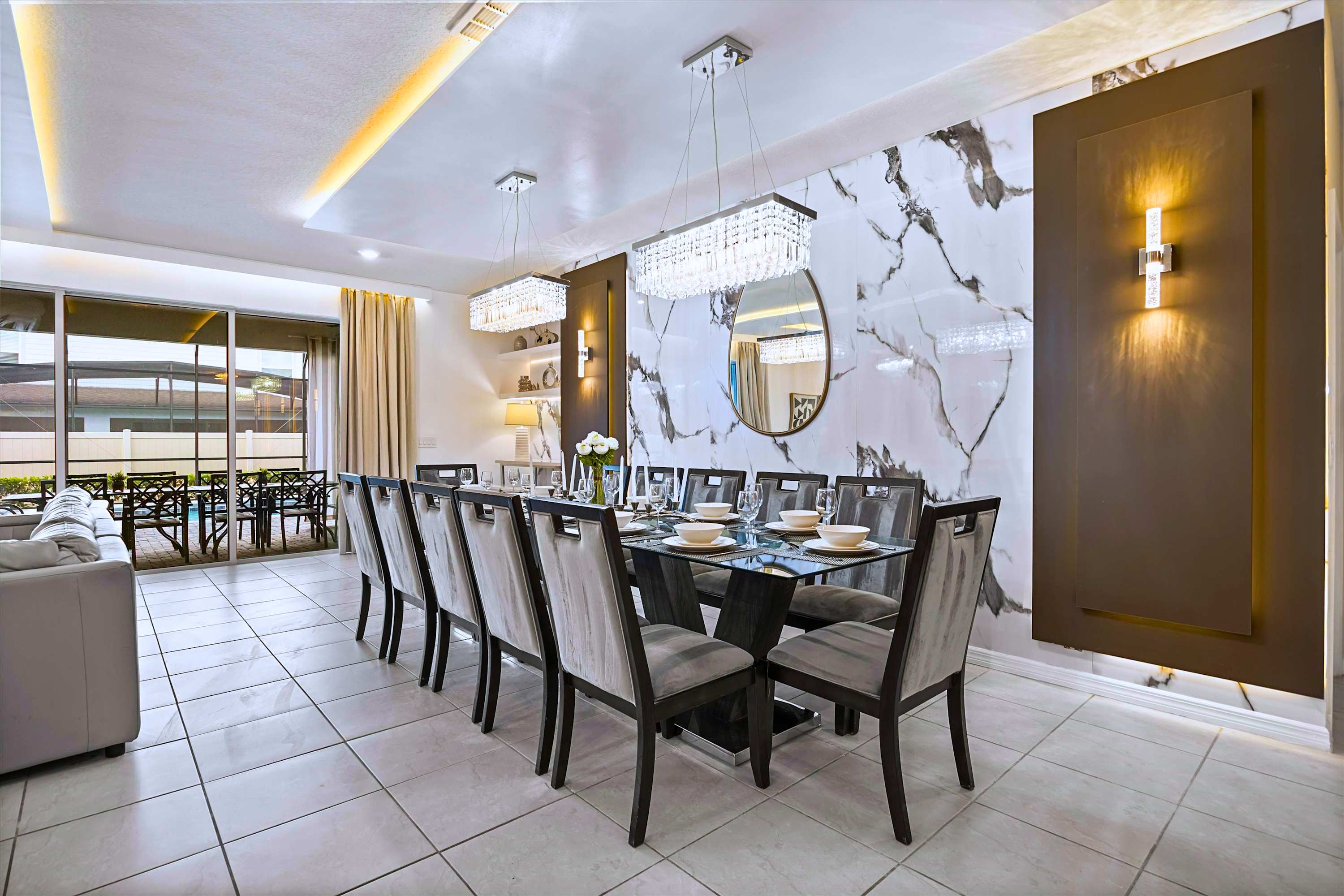 Indoor dining area with seating for 12 guests