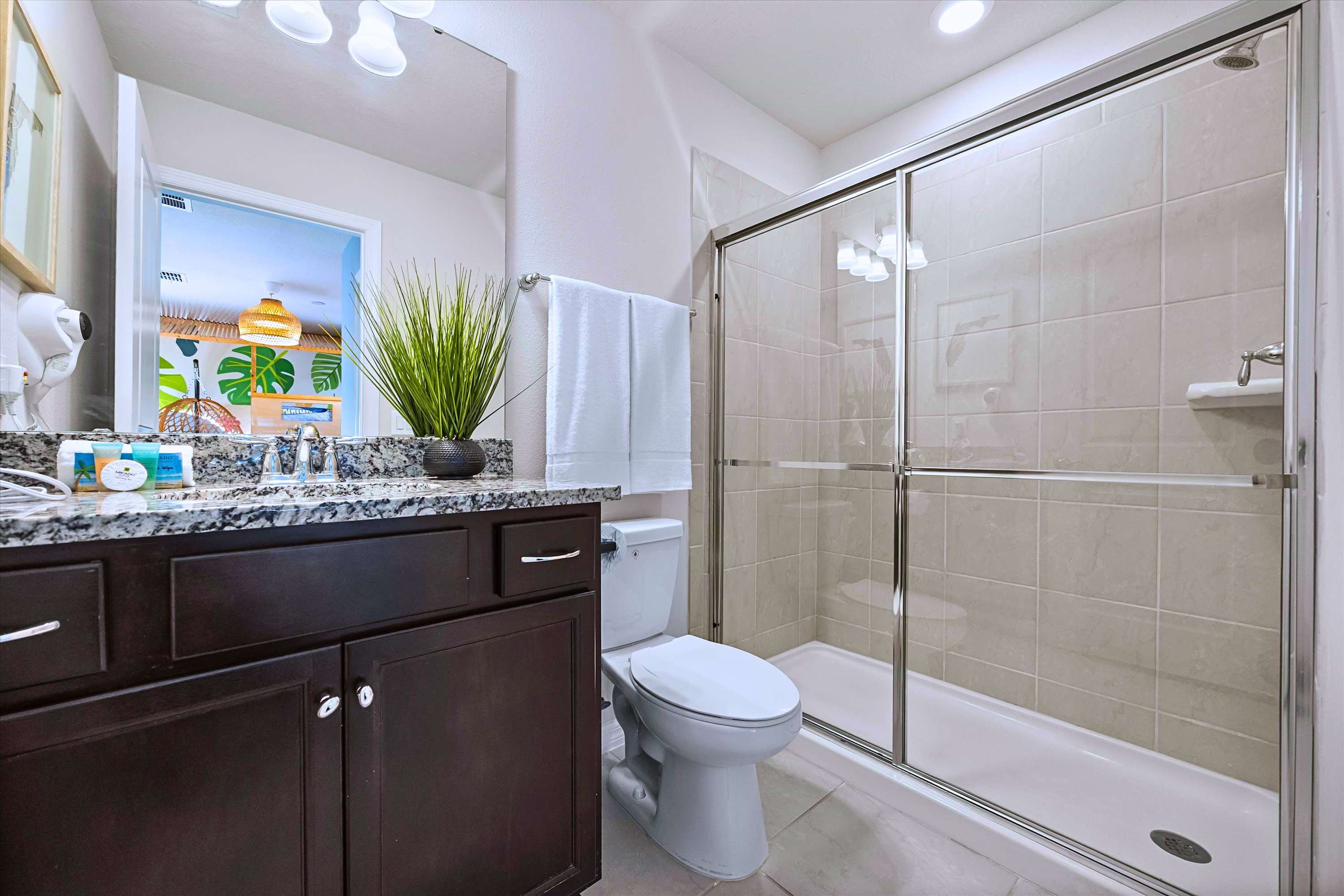 Fresh Guest Bathroom with Walk-In Shower, Large Mirror & Toilet