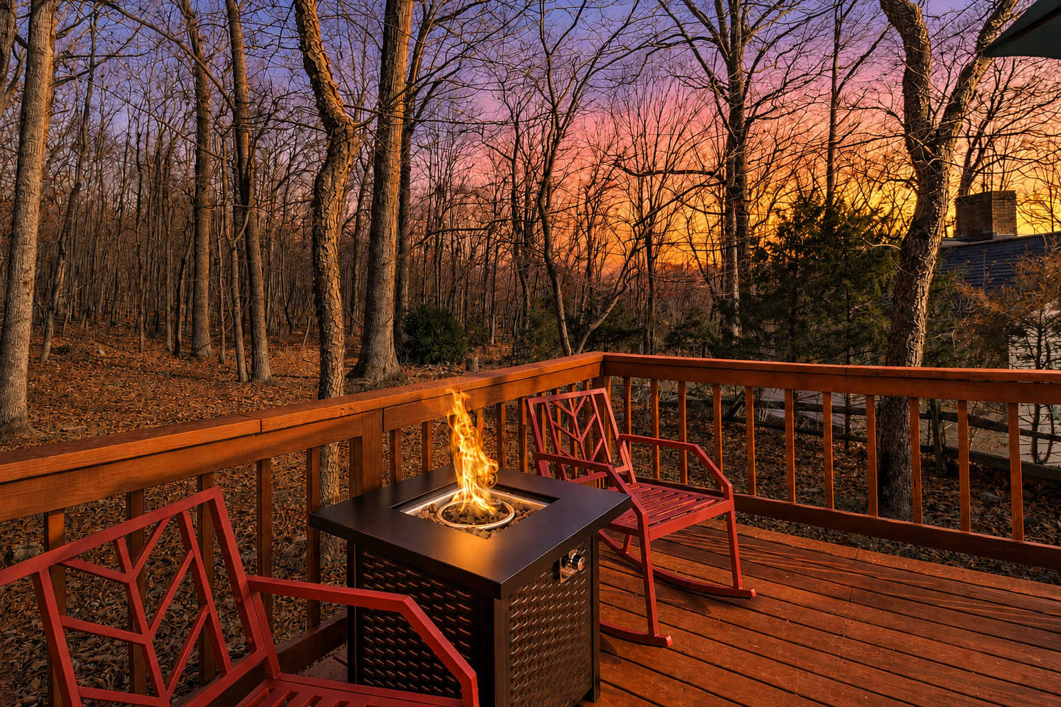 Gather around the gas fire pit on the deck.